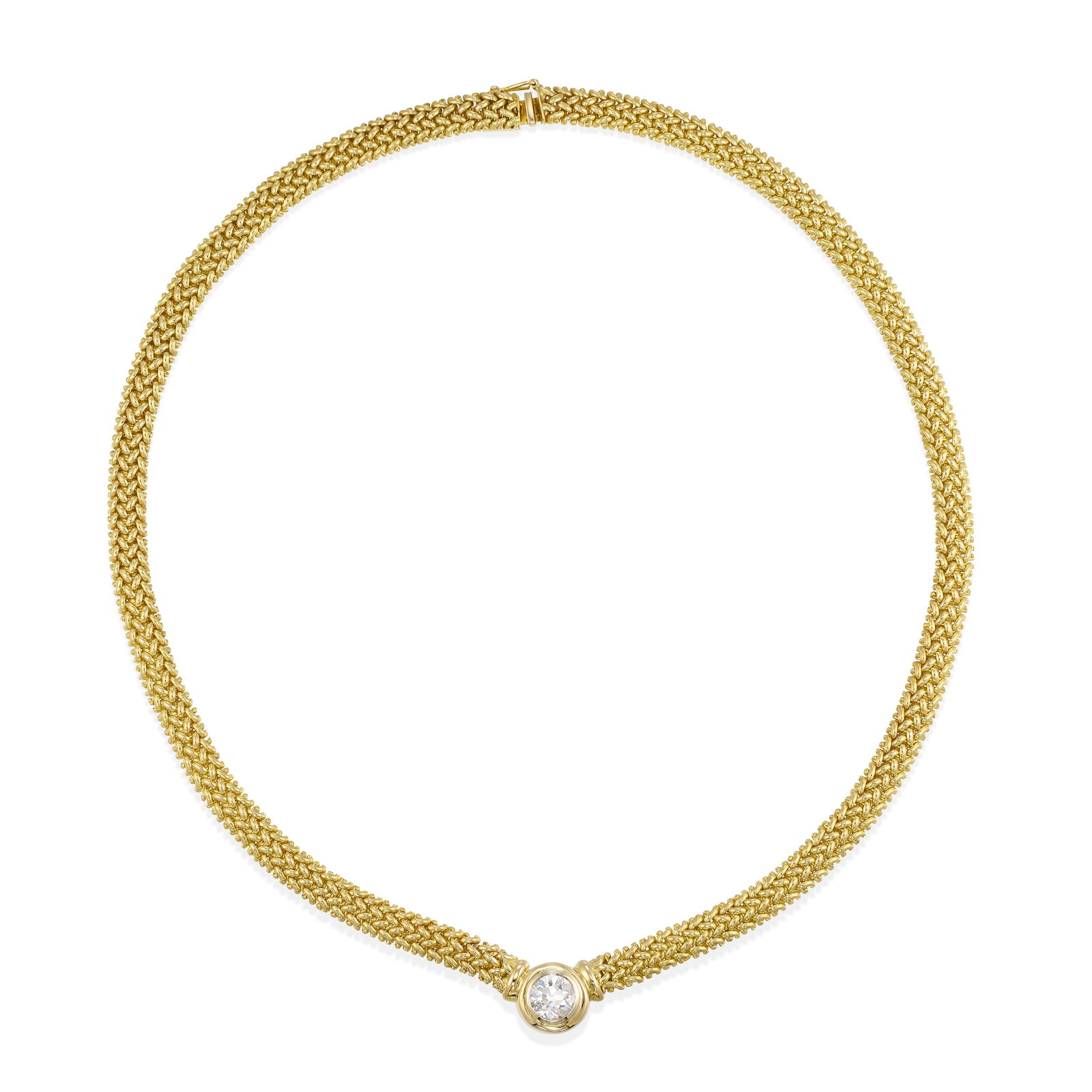 A 14K GOLD AND DIAMOND NECKLACE: A 14K GOLD AND DIAMOND NECKLACECentering an old European-cut diamond weighing 1.53 carats, completed by a fancy link backchain; with patent number; length 17 in.Footnotes:Accompanied by GIA Report