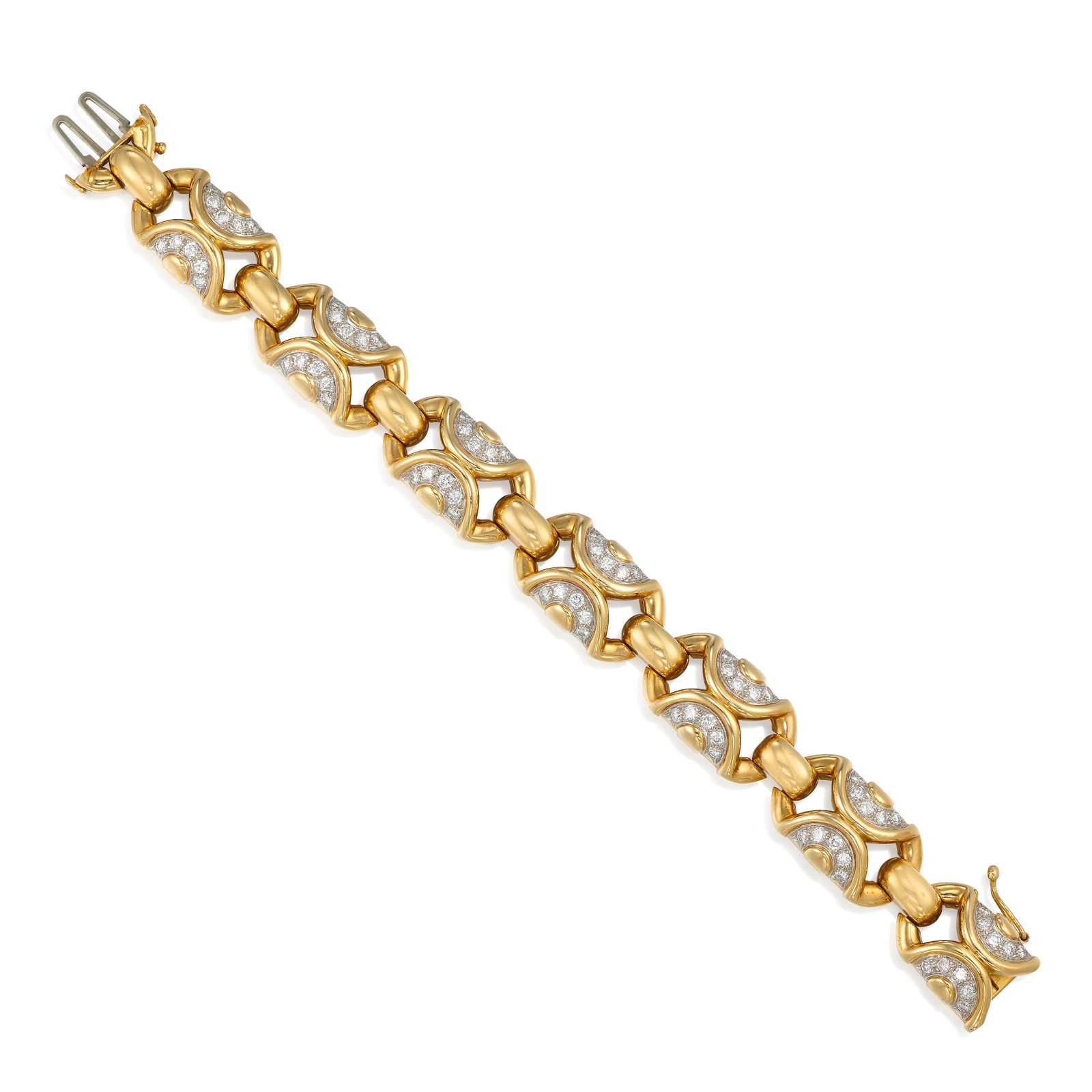 AN 18K BICOLOR GOLD AND DIAMOND BRACELET: AN 18K BICOLOR GOLD AND DIAMOND BRACELETComposed of repeating geometric links, accented by round brilliant-cut diamonds; estimated total diamond weight 2.75 carats; length 7 in.; width 9/16