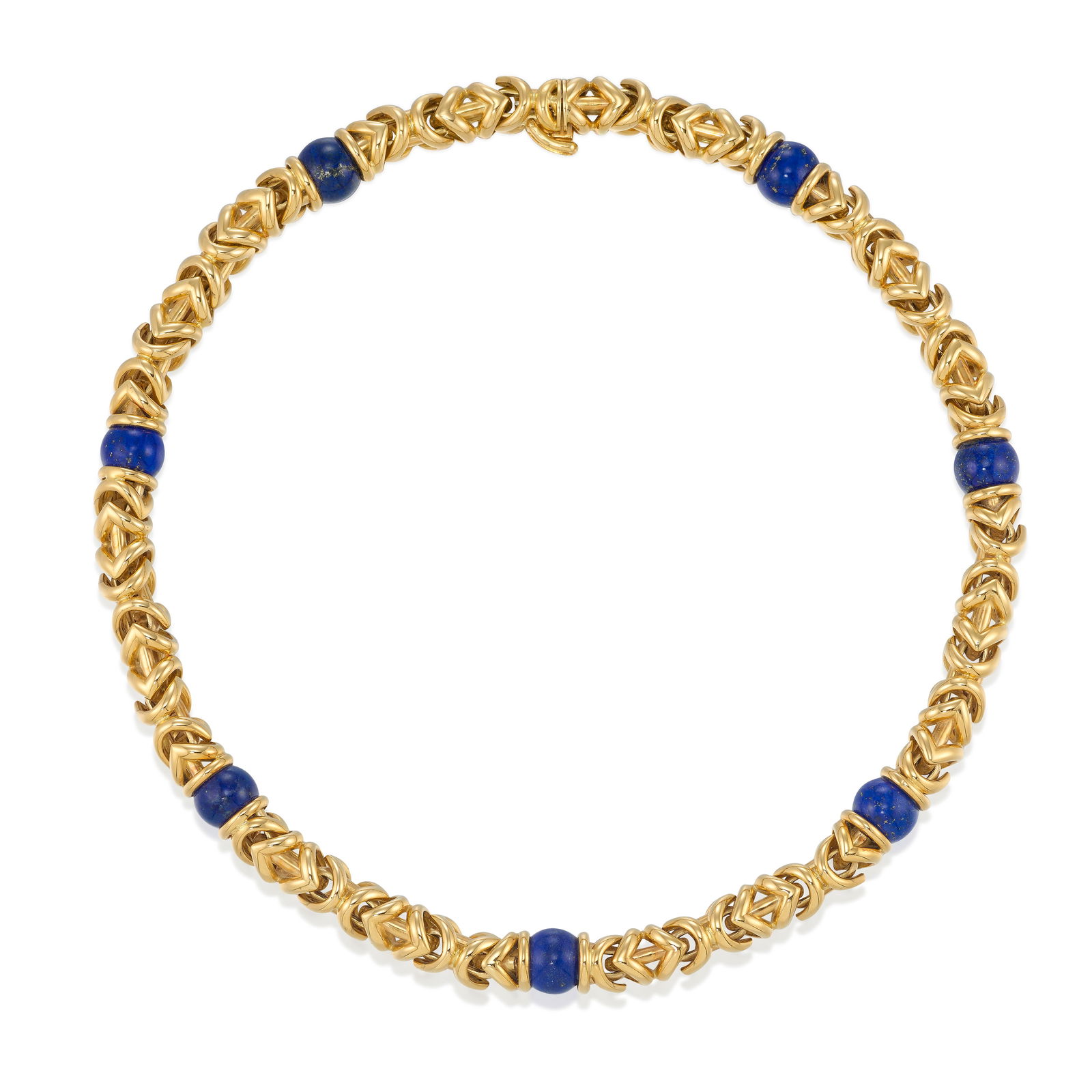 AN 18K GOLD AND LAPIS LAZULI NECKLACE: AN 18K GOLD AND LAPIS LAZULI NECKLACEA Byzantine chain, accented with round lapis lazuli beads; with maker's mark; with Italian registered trademark; length 16 3/4 in.Footnotes:OVERALL CONDITION: