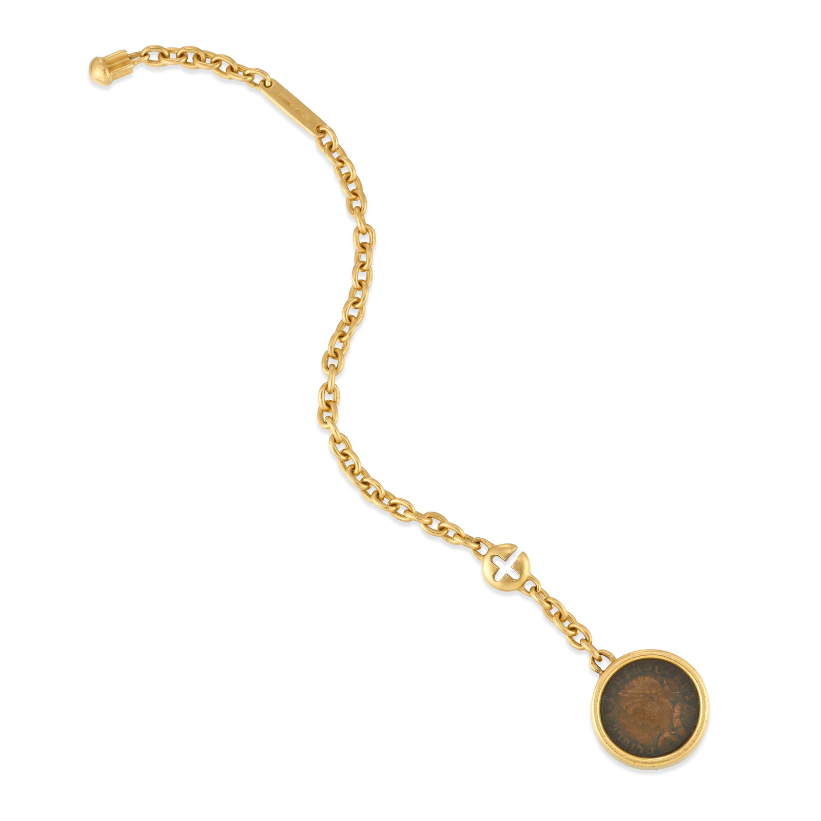 BULGARI: AN 18K GOLD 'MONETE' KEYCHAIN: BULGARI: AN 18K GOLD 'MONETE' KEYCHAINSuspending an ancient coin; signed Bulgari; with partial maker's marks; with Italian registered trademark; with partial inscription; chain length 6 1/2 in.;