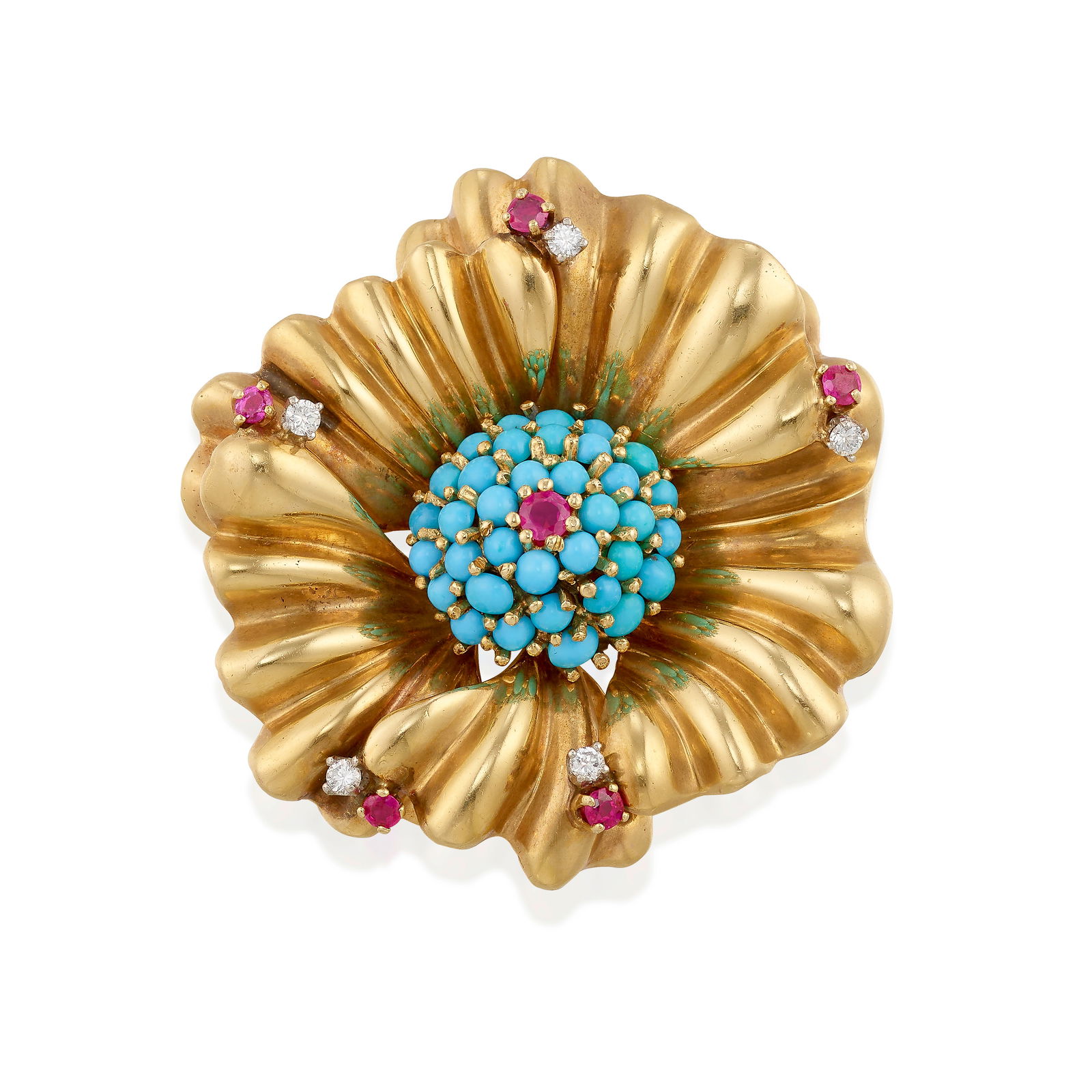 A TURQUOISE, RUBY AND DIAMOND CLIP BROOCH (1 of 1)