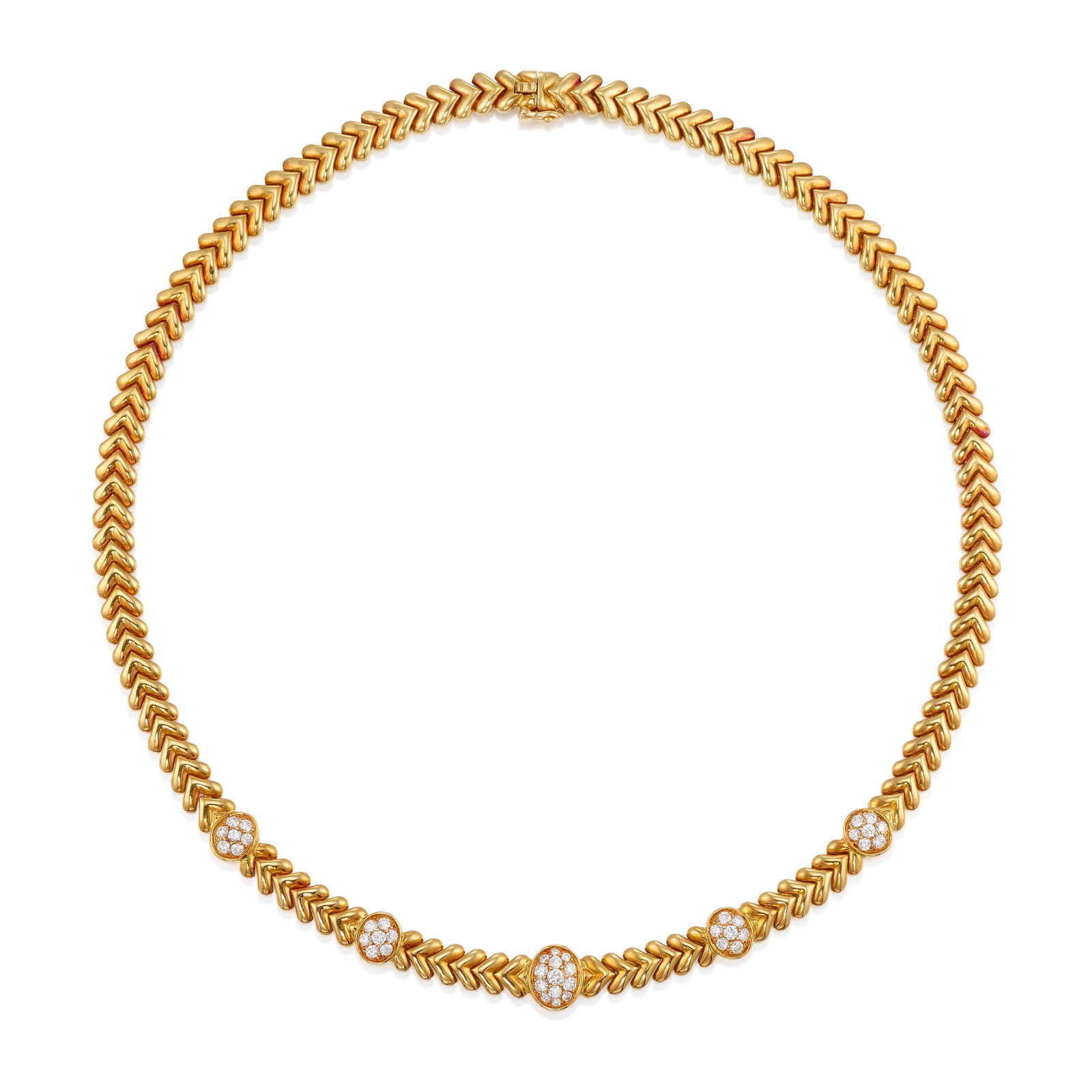 VAN CLEEF & ARPELS: AN 18K GOLD AND DIAMOND NECKLACE: VAN CLEEF & ARPELS: AN 18K GOLD AND DIAMOND NECKLACEComprising oval-shaped stations of pavé-set round brilliant-cut diamonds, completed by a fancy link backchain; signed VCA; no. 4K3672; with