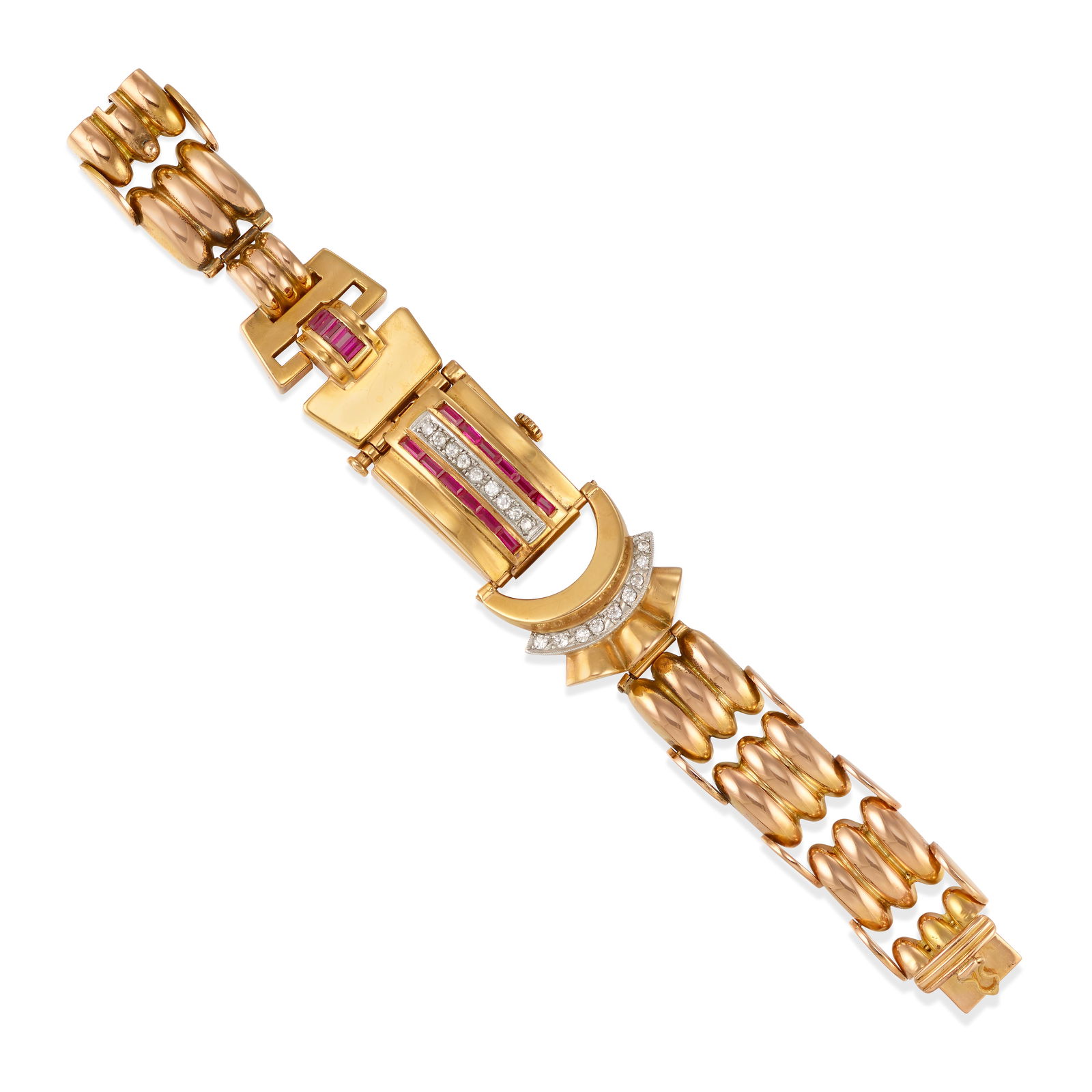 MARVIN: AN 18K PINK GOLD, PLATINUM, SYNTHETIC RUBY AND DIAMOND SURPRISE WRISTWATCH, CIRCA 1940: MARVIN: AN 18K PINK GOLD, PLATINUM, SYNTHETIC RUBY AND DIAMOND SURPRISE WRISTWATCH, CIRCA 1940With manual movement, the rectangular dial signed Marvin and with Arabic numeral and stud hour markers,