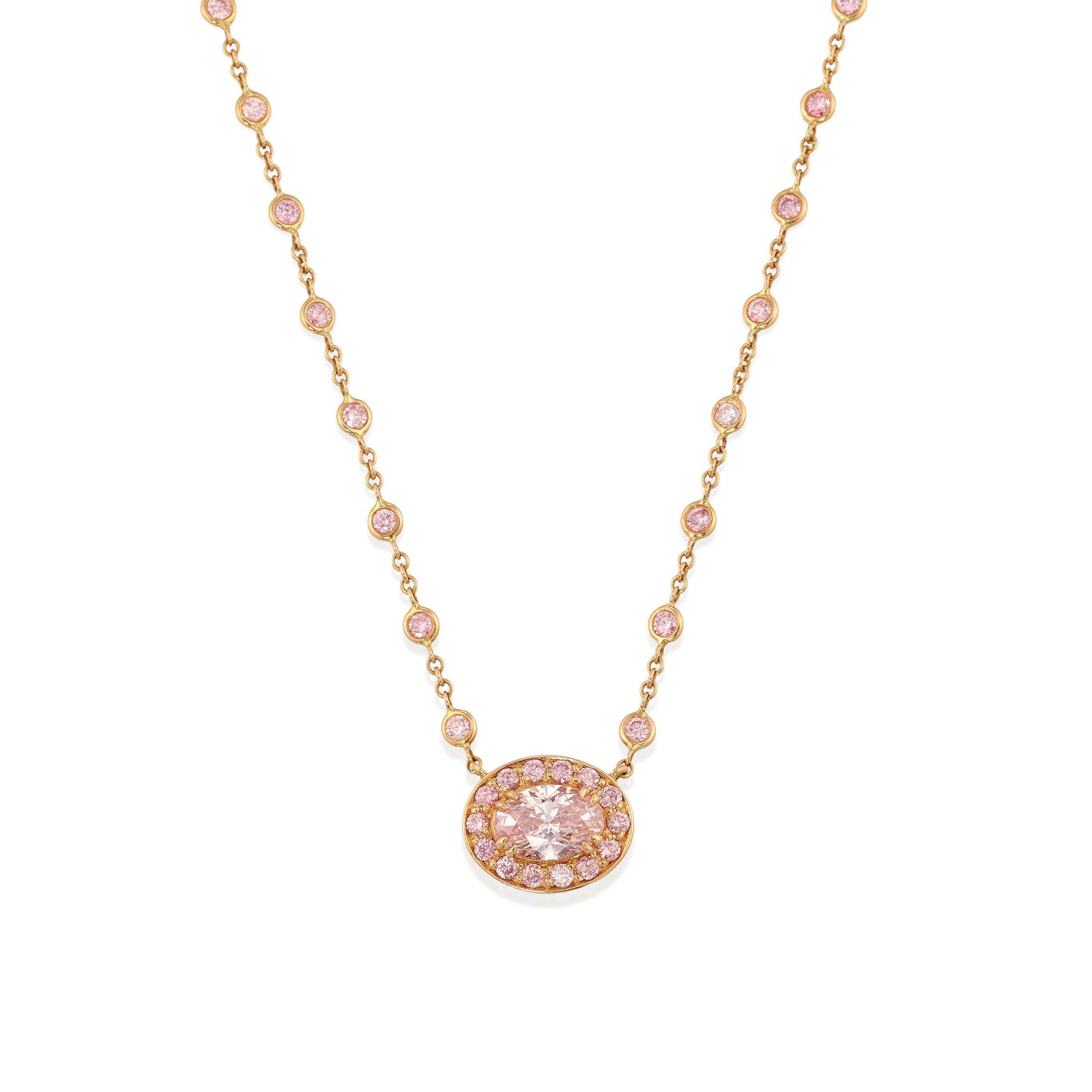 AN 18K PINK GOLD AND FANCY PINK DIAMOND PENDANT NECKLACE: AN 18K PINK GOLD AND FANCY PINK DIAMOND PENDANT NECKLACECentering an oval-shaped Fancy Pink diamond, weighing 1.51 carats, within a surround of round brilliant-cut diamonds of pink hue, completed by