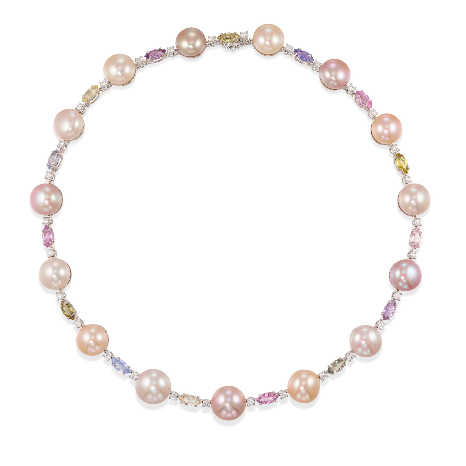 AN 18K WHITE GOLD, CULTURED PEARL, MULTI-COLORED SAPPHIRE AND DIAMOND NECKLACE (1 of 1)