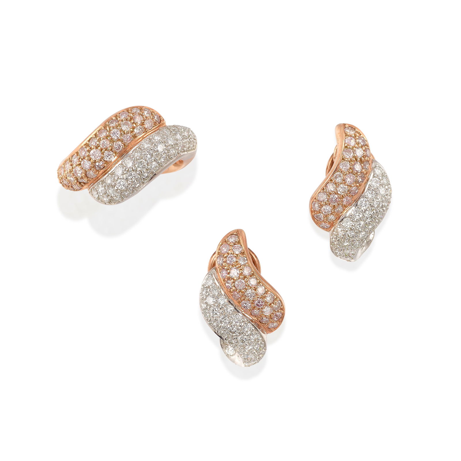AN 18K BICOLOR GOLD, COLORED DIAMOND AND DIAMOND RING AND EARRING SET: AN 18K BICOLOR GOLD, COLORED DIAMOND AND DIAMOND RING AND EARRING SETThe earrings of rose and white gold with pavé-set round diamonds and round diamonds of a pink hue, the ring of a