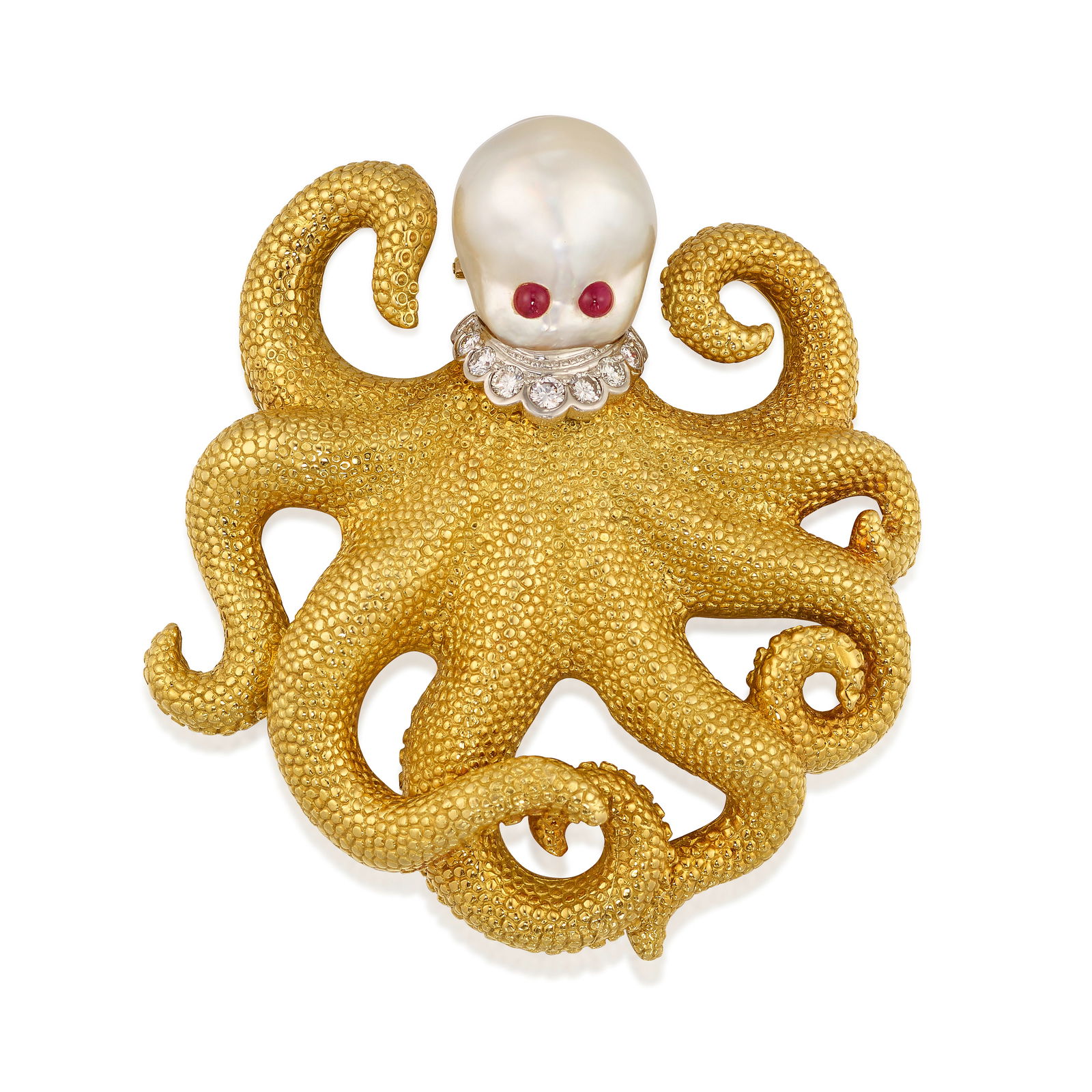 ANDREW CLUNN: AN 18K GOLD, PLATINUM, CULTURED PEARL, DIAMOND AND RUBY CLIP BROOCH: ANDREW CLUNN: AN 18K GOLD, PLATINUM, CULTURED PEARL, DIAMOND AND RUBY CLIP BROOCHDesigned as an octopus, the head a baroque cultured pearl, set with round cabochon ruby eyes, finished with a collar