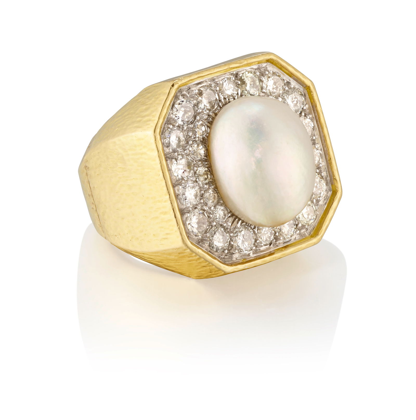 ANDREW CLUNN: AN 18K GOLD, PLATINUM, CULTURED PEARL AND DIAMOND RING: ANDREW CLUNN: AN 18K GOLD, PLATINUM, CULTURED PEARL AND DIAMOND RINGCentering a semi-baroque cultured pearl, accented with pavé-set, round brilliant-cut diamonds; signed A. Clunn; estimated