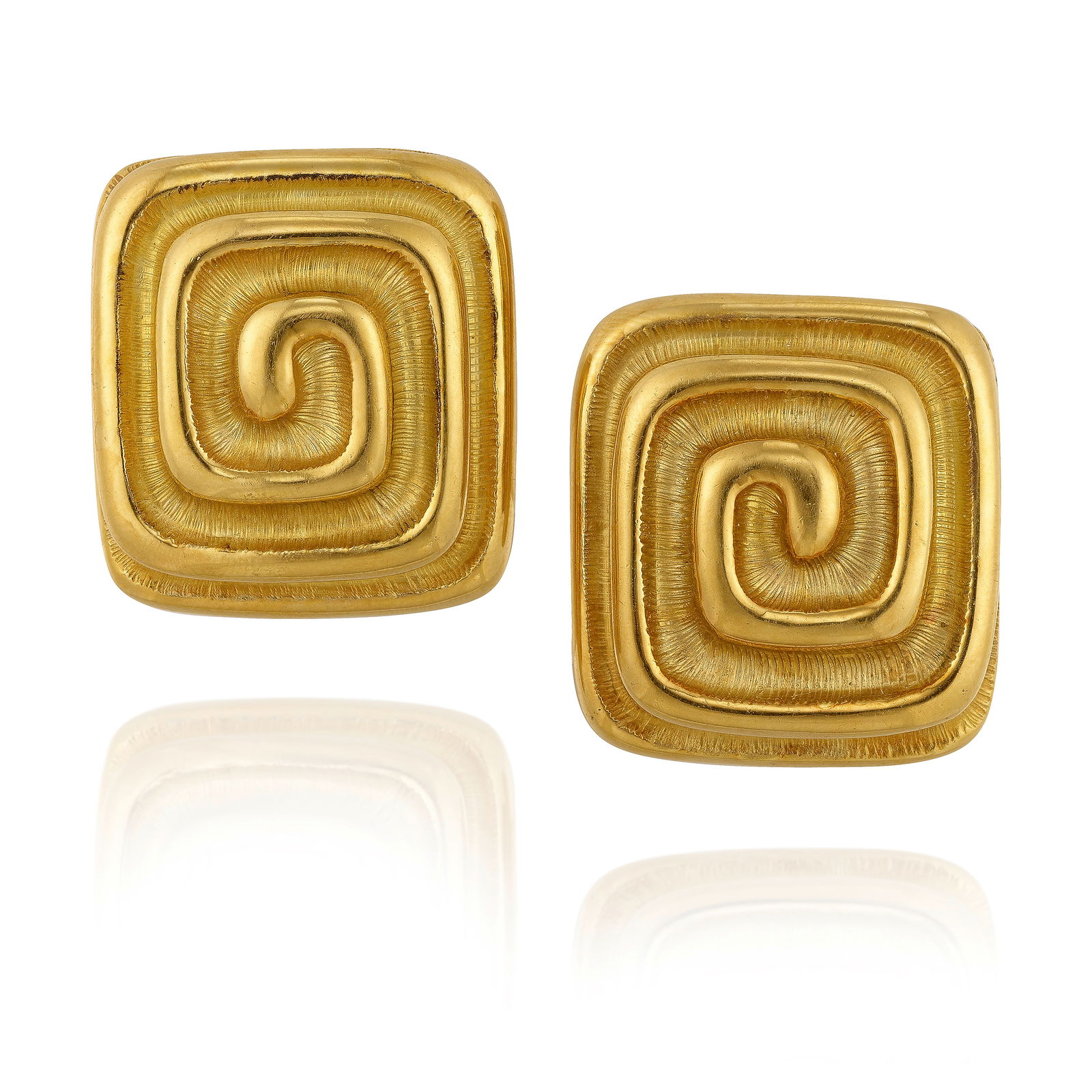 ANDREW CLUNN: A PAIR OF 18K GOLD EARCLIPS: ANDREW CLUNN: A PAIR OF 18K GOLD EARCLIPSOf geometric design; signed A. Clunn; measures 1 5/16 x 1 3/16 in.Footnotes:Lots 101 - 127A Private Collection of Jewelry by David Webb and Andrew Clunn Lots