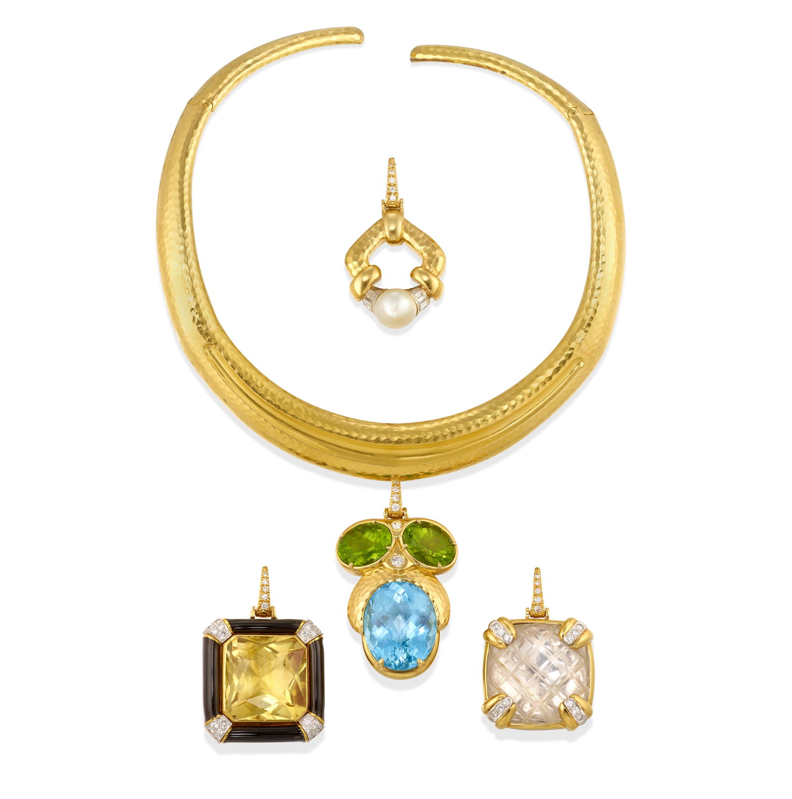 ANDREW CLUNN: AN 18K GOLD NECKLACE, WITH A COLLECTION OF 18K GOLD, PLATINUM, DIAMOND AND GEMSTON...: ANDREW CLUNN: AN 18K GOLD NECKLACE, WITH A COLLECTION OF 18K GOLD, PLATINUM, DIAMOND AND GEMSTONE ENHANCER PENDANTSThe collar of hammered gold, the four enhancer pendants set with carved rock