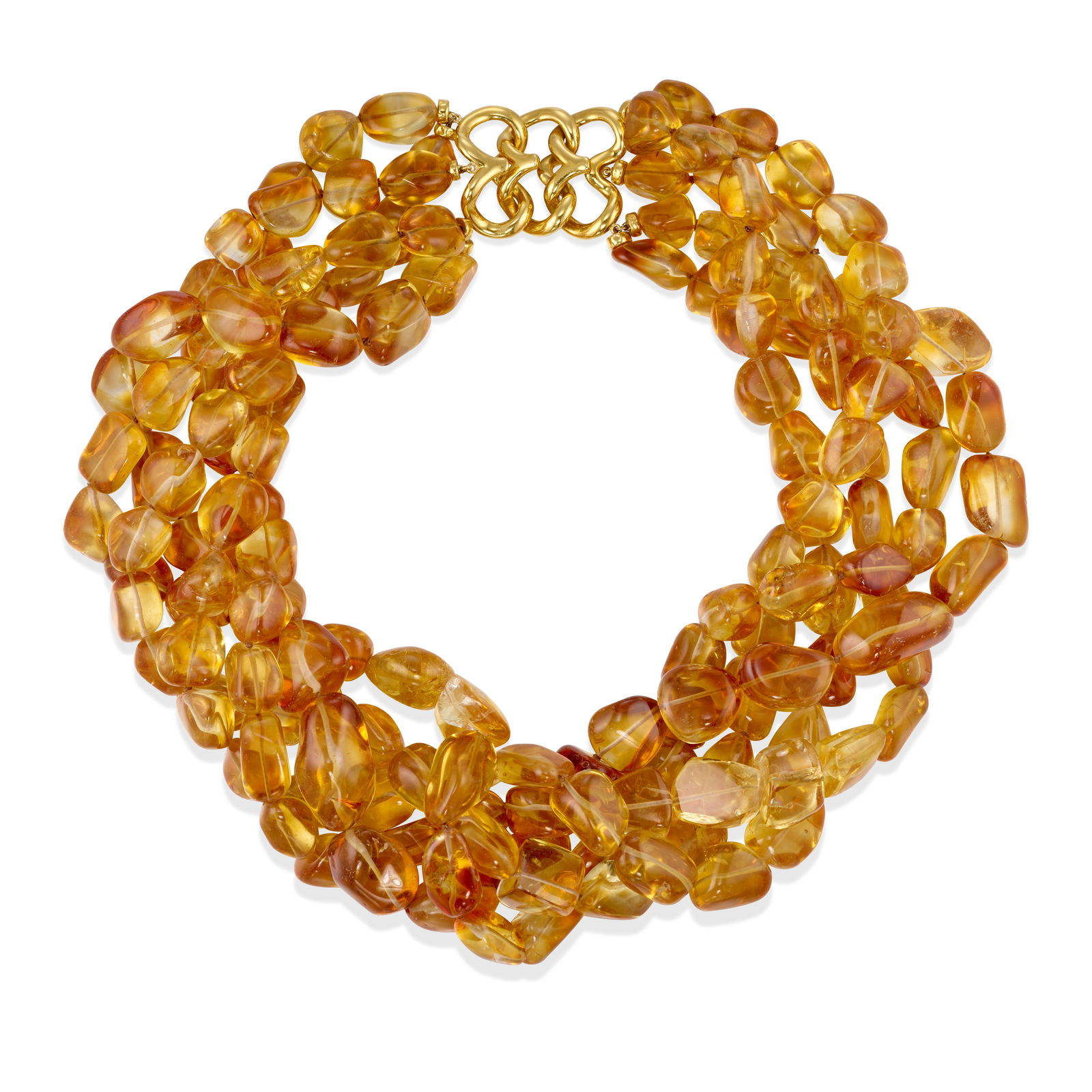 ANDREW CLUNN: AN 18K GOLD AND CITRINE NECKLACE: ANDREW CLUNN: AN 18K GOLD AND CITRINE NECKLACEDesigned as a torsade, comprising five strands of graduated citrine beads, completed by a gold clasp; signed A. Clunn; length 19 in.Footnotes:Lots 101 -