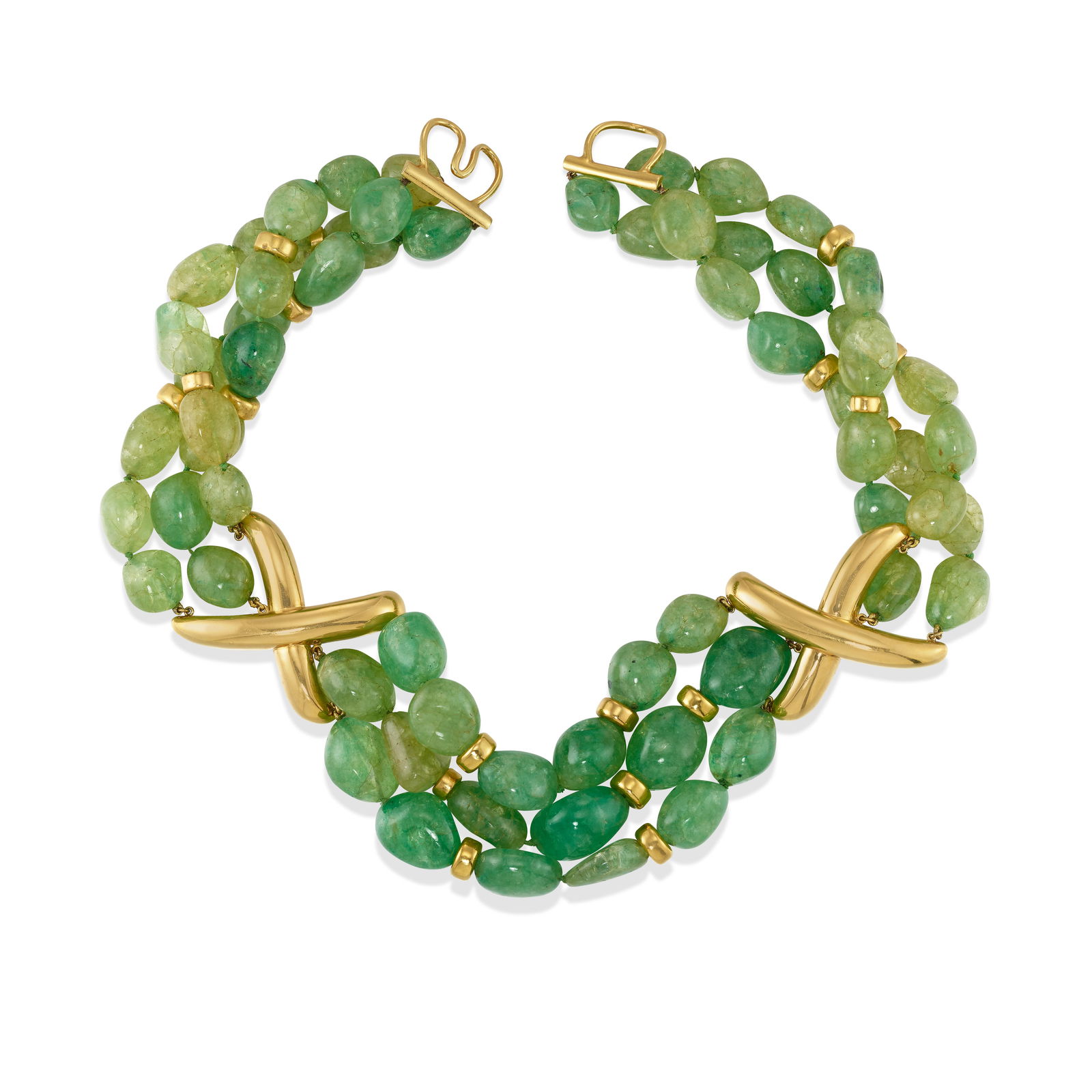 ANDREW CLUNN: AN 18K GOLD AND DYED GREEN BERYL NECKLACE: ANDREW CLUNN: AN 18K GOLD AND DYED GREEN BERYL NECKLACE Comprising three strands of dyed green beryl beads, with gold spacers, gathered by polished gold 'X' stations; signed A. Clunn; length 19 1/2 in