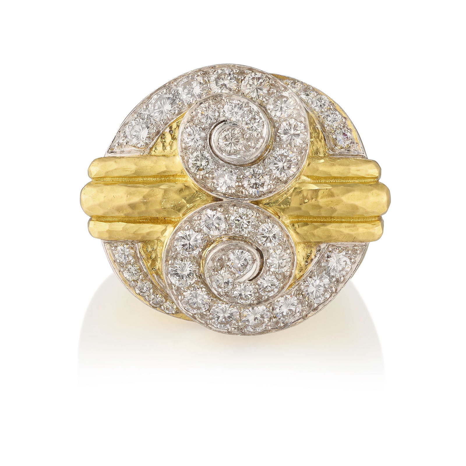 DAVID WEBB: AN 18K GOLD, PLATINUM AND DIAMOND RING: DAVID WEBB: AN 18K GOLD, PLATINUM AND DIAMOND RING Of scrolling design, accented with round brilliant and single-cut diamonds; signed David Webb; estimated total weight 3.00 carats; size 7 on mandrel