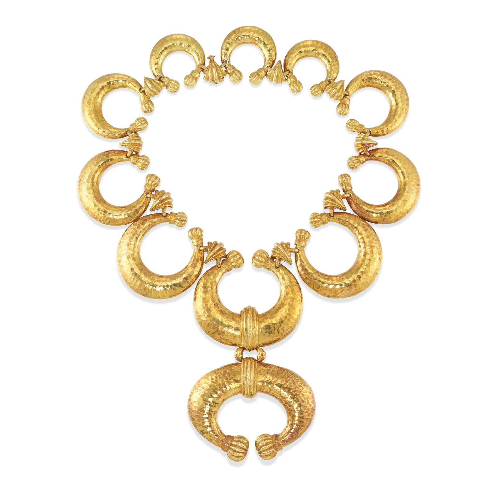 DAVID WEBB: AN 18K GOLD 'CELTIC CRESCENT' NECKLACE: DAVID WEBB: AN 18K GOLD 'CELTIC CRESCENT' NECKLACE Of hammered gold, comprising graduated crescent-shaped elements, linked by fluted stations; signed Webb; length 15 1/2 in.; center drop 4 1/2 in.; a