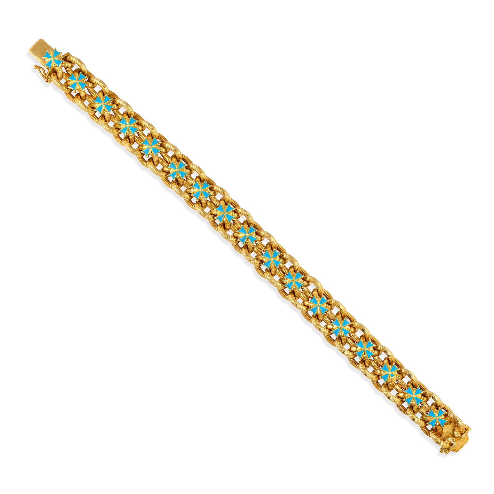 VERDURA: AN 18K GOLD AND ENAMEL BRACELET: VERDURA: AN 18K GOLD AND ENAMEL BRACELET A double oval link chain, accented with blue enamel Maltese cross elements; signed Verdura; length 7 1/2 in. Footnotes: OVERALL CONDITION: Metal stamped and t