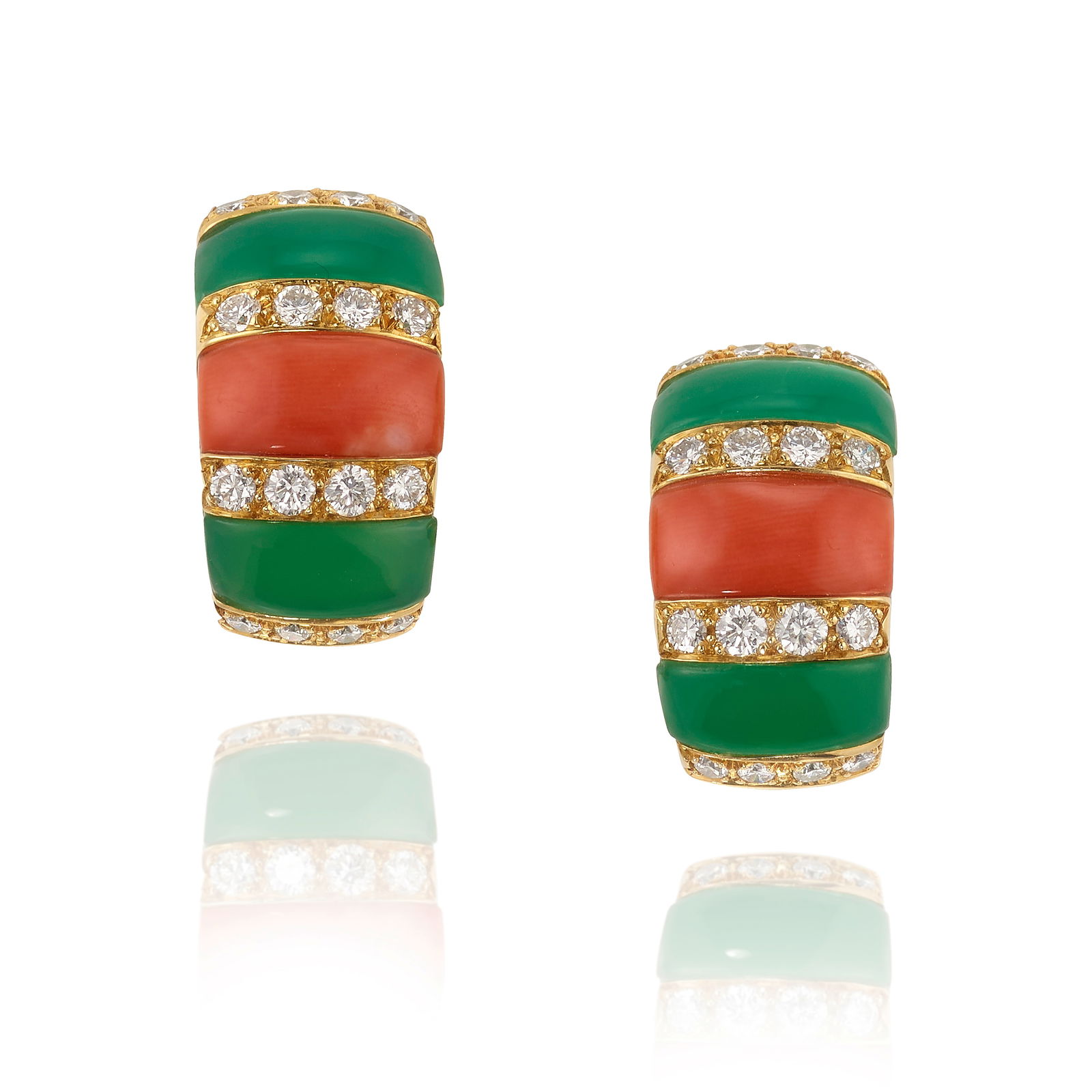 VAN CLEEF & ARPELS: A PAIR OF 18K GOLD, CORAL, CHRYSOPRASE AND DIAMOND EARCLIPS: VAN CLEEF & ARPELS: A PAIR OF 18K GOLD, CORAL, CHRYSOPRASE AND DIAMOND EARCLIPSAlternating bands of coral, chrysoprase and rows of round brilliant-cut diamonds; signed VCA; with maker's mark; with