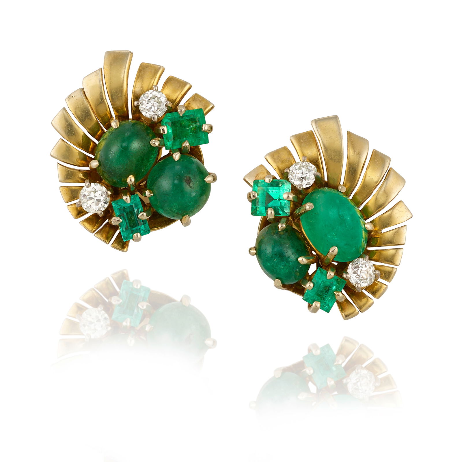 SEAMAN SCHEPPS: A PAIR OF 14K GOLD, EMERALD AND DIAMOND EARCLIPS, CIRCA 1950: SEAMAN SCHEPPS: A PAIR OF 14K GOLD, EMERALD AND DIAMOND EARCLIPS, CIRCA 1950Each of fan design, featuring clusters of round and oval-shaped cabochon emeralds, square and rectangular step-cut emeralds