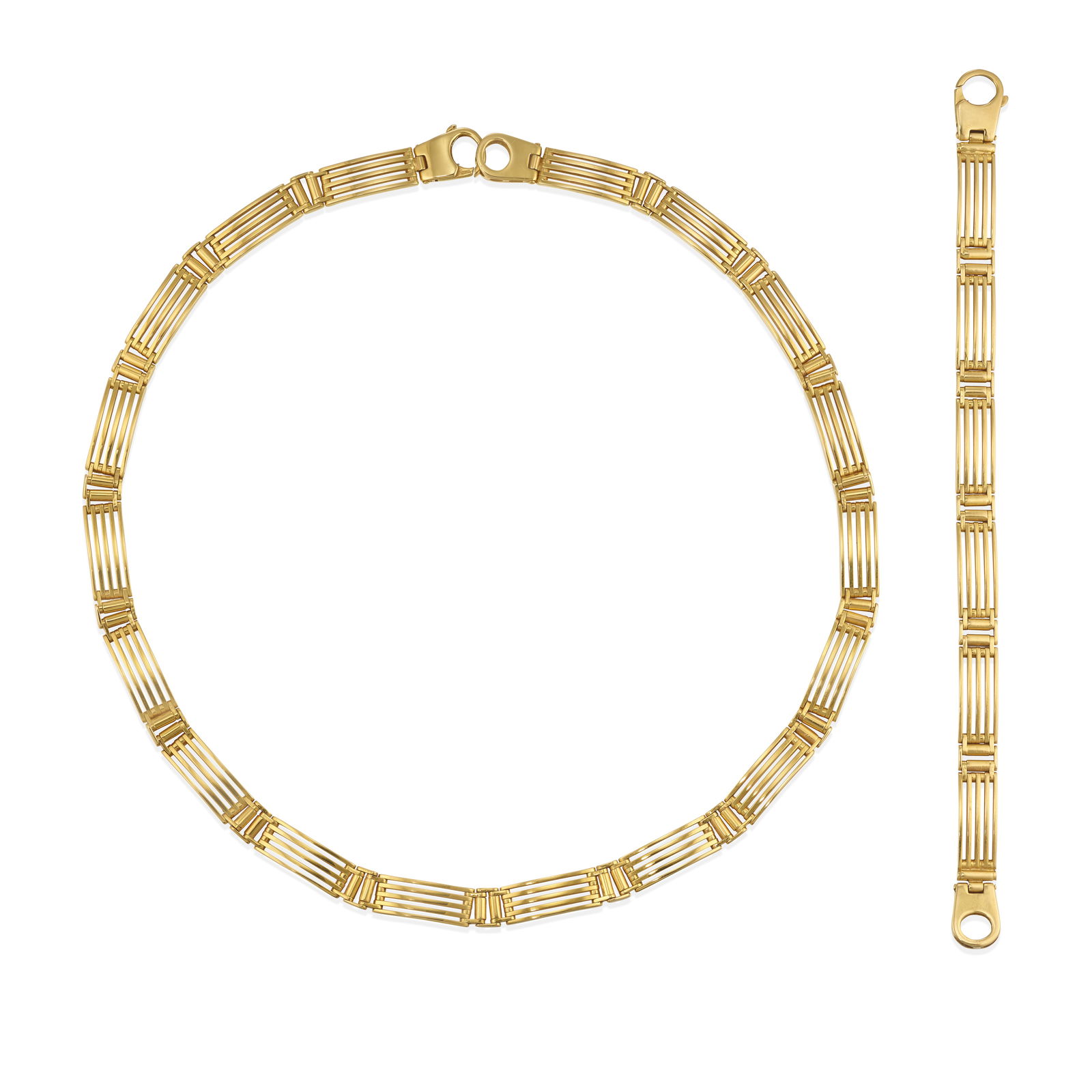 A 14K GOLD NECKLACE AND BRACELET SET: A 14K GOLD NECKLACE AND BRACELET SETA linked collar and bracelet of openwork, slatted design, each with Italy assay marks, collar length 18 in., bracelet length 7 in., widths 5/16