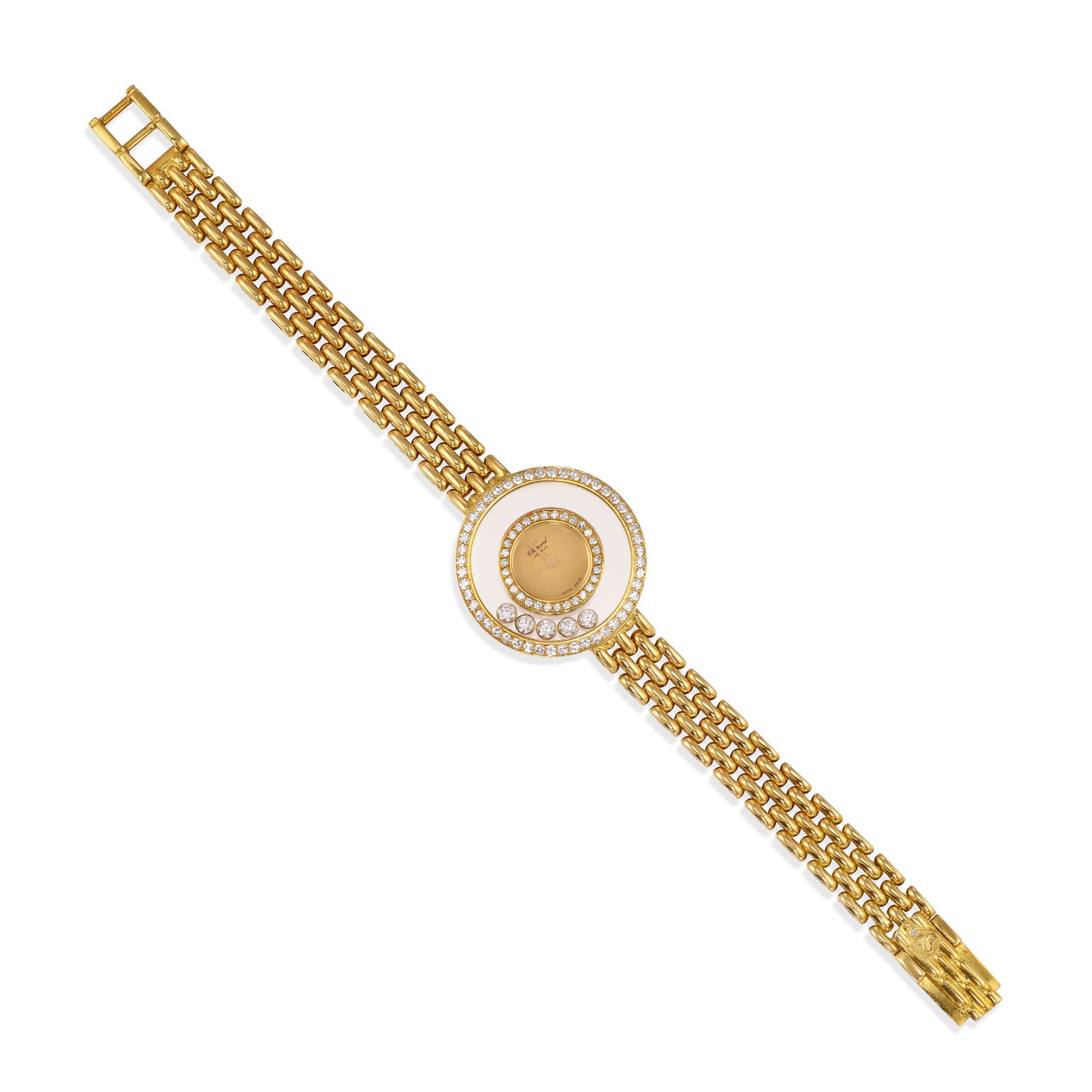 CHOPARD: AN 18K GOLD AND DIAMOND 'HAPPY DIAMONDS' WRISTWATCH: CHOPARD: AN 18K GOLD AND DIAMOND 'HAPPY DIAMONDS' WRISTWATCH With quartz movement, the round dial signed Cartier with no hour markers, accented with round brilliant and single-cut diamonds, completed