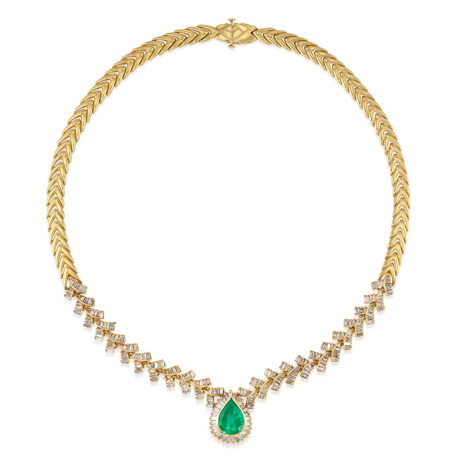 AN EMERALD AND DIAMOND NECKLACE: AN EMERALD AND DIAMOND NECKLACECentering a pear-shaped emerald, accented with tapered-baguette diamonds, completed by a fancy link backchain; estimated emerald weight 5.00 carats; estimated total