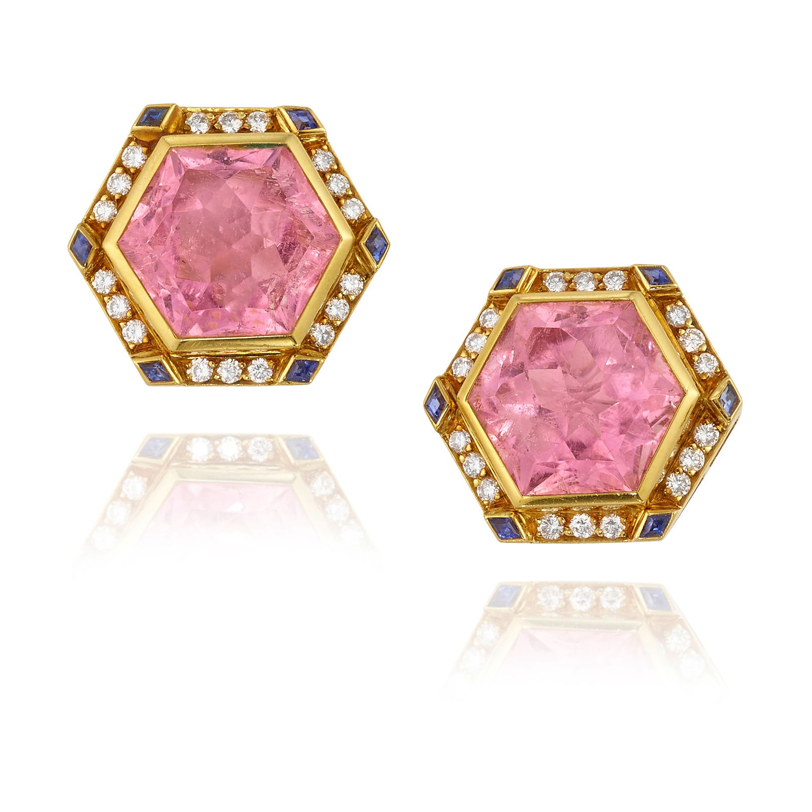 MATCH POINT: A PAIR OF 18K GOLD, PINK TOURMALINE, SAPPHIRE AND DIAMOND EARCLIPS (1 of 1)