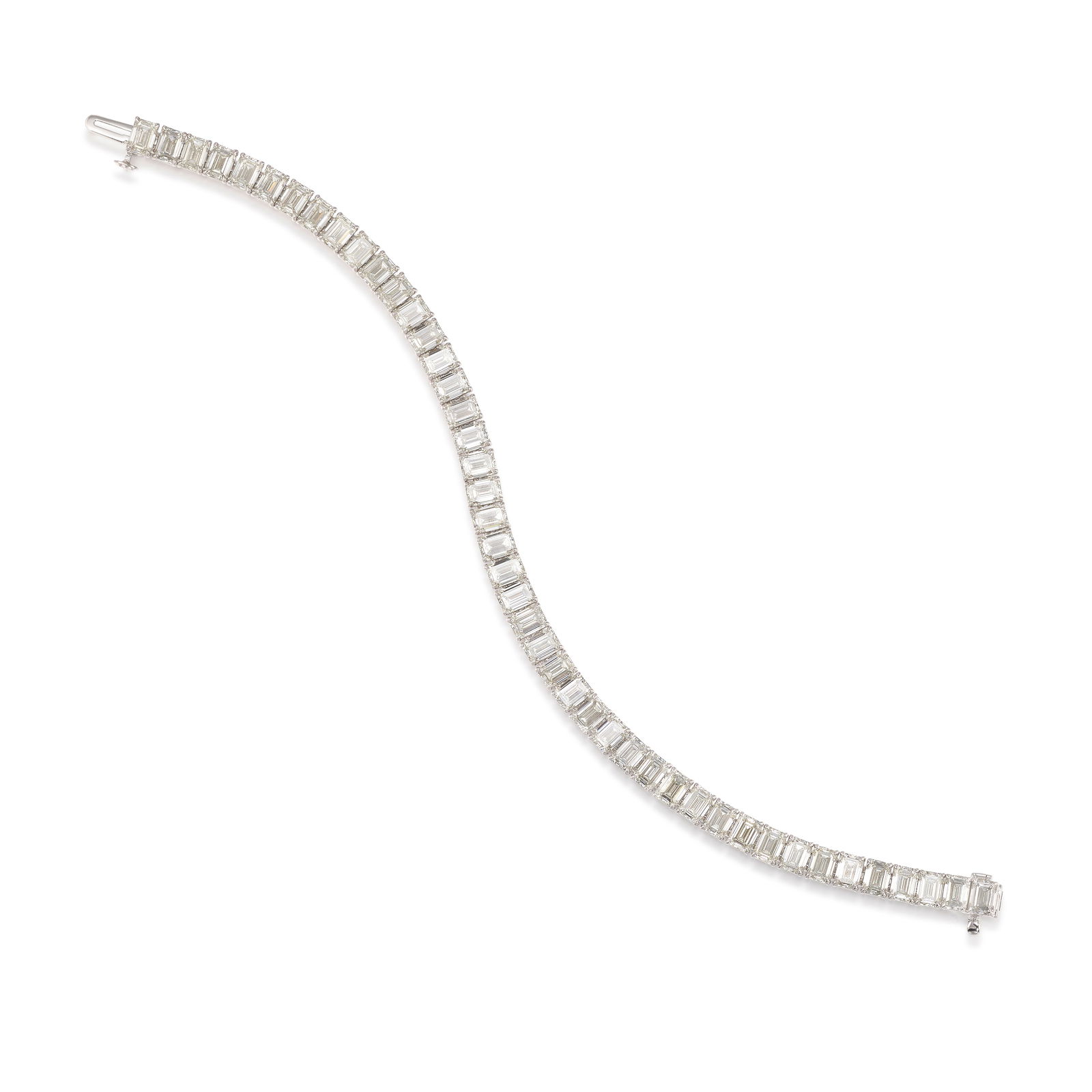 AN 18K WHITE GOLD AND DIAMOND BRACELET: AN 18K WHITE GOLD AND DIAMOND BRACELETComposed of emerald-cut diamonds, total weight 18.07 carats; length 7 in.Footnotes:Accompanied by GIA Reports 6512919497, 7538557986, 1519846367, 2514976550,