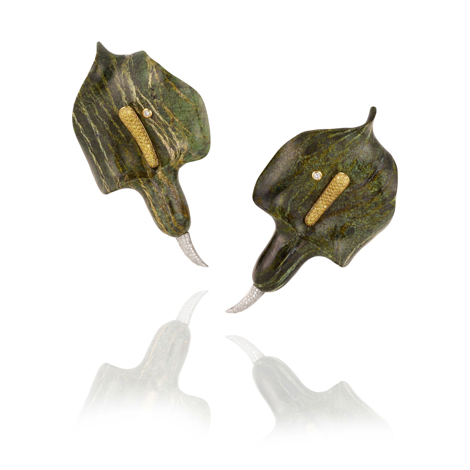 FEI LIU: A PAIR OF 14K BICOLOR GOLD, JASPER, DIAMOND AND COLORED DIAMOND EARRINGS: FEI LIU: A PAIR OF 14K BICOLOR GOLD, JASPER, DIAMOND AND COLORED DIAMOND EARRINGSEach designed as calla lilies, comprising carved jasper, accented with round brilliant-cut diamonds of yellow hue;