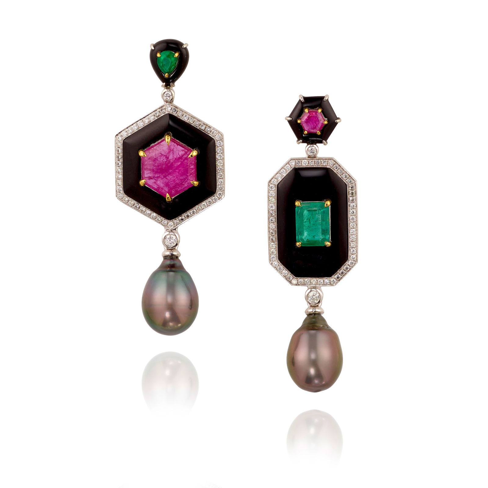 FEI LIU: A PAIR OF PLATINUM, CULTURED PEARL, DIAMOND AND GEM-SET EARRINGS: FEI LIU: A PAIR OF PLATINUM, CULTURED PEARL, DIAMOND AND GEM-SET EARRINGSComprising carved onyx elements, pear-shaped and octagonal step-cut emeralds, hexagonal-shaped rubies, round brilliant-cut