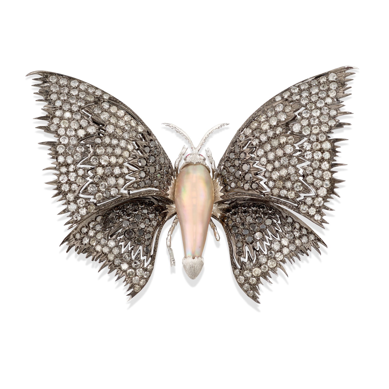 AN 18K RHODIUM-PLATED, CULTURED PEARL, DIAMOND AND COLORED DIAMOND CLIP BROOCH (1 of 1)