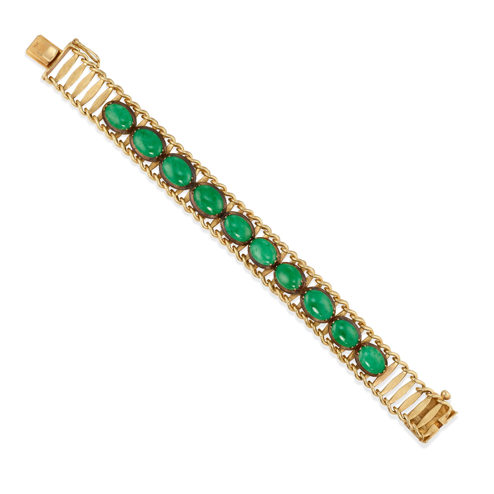 A JADE BRACELET: A JADE BRACELET Comprising a fancy link bracelet, accented with oval-shaped cabochon jade elements; length 7 3/4 in.; width 5/8 in. Footnotes: Accompanied by GIA Report 5232862667, dated February 02,