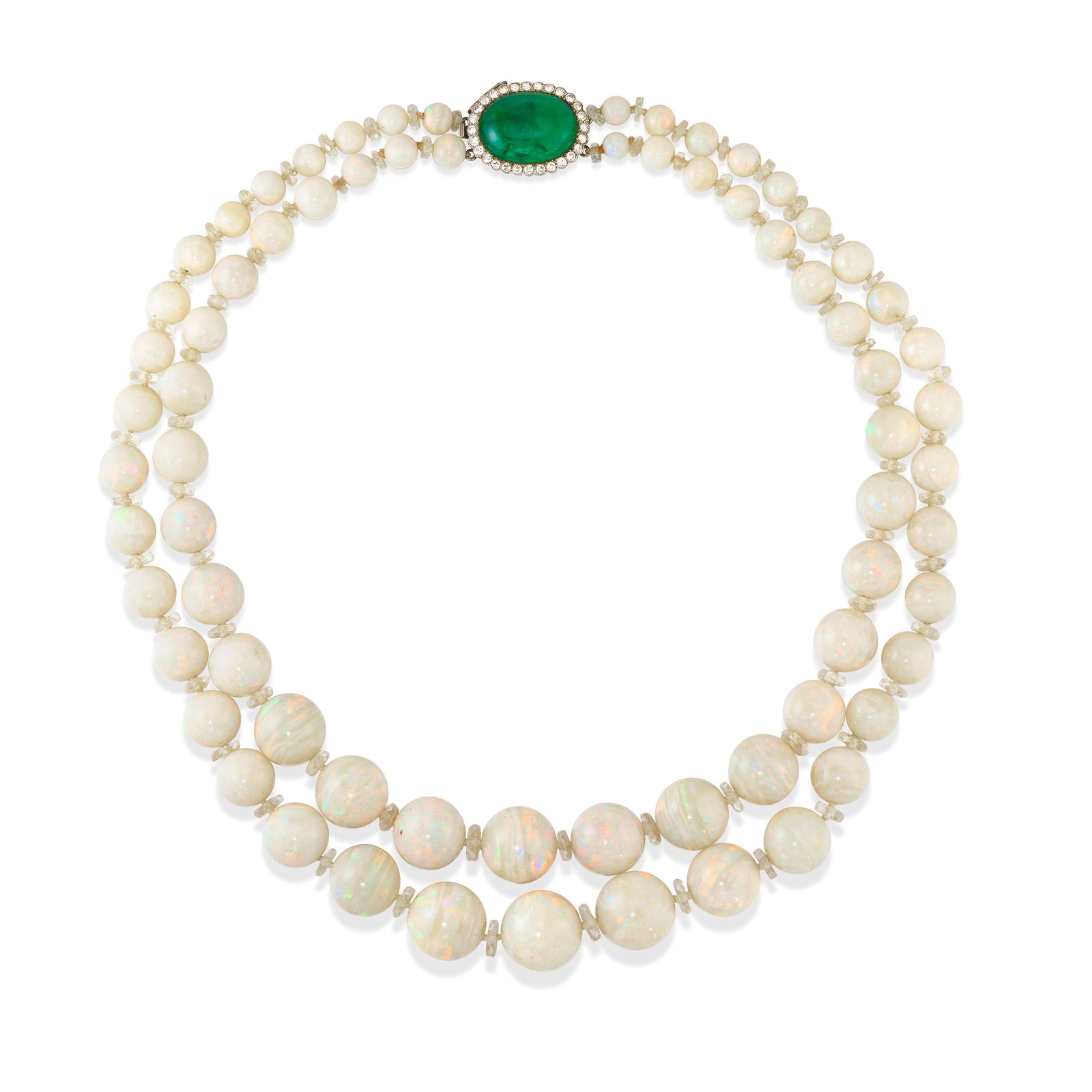 AN OPAL, DIAMOND AND EMERALD NECKLACE: AN OPAL, DIAMOND AND EMERALD NECKLACE Comprising two strands of graduated round opal beads, with rondelle quartz spacer beads, gathered by a clasp centering an oval-shaped cabochon emerald, in a surro