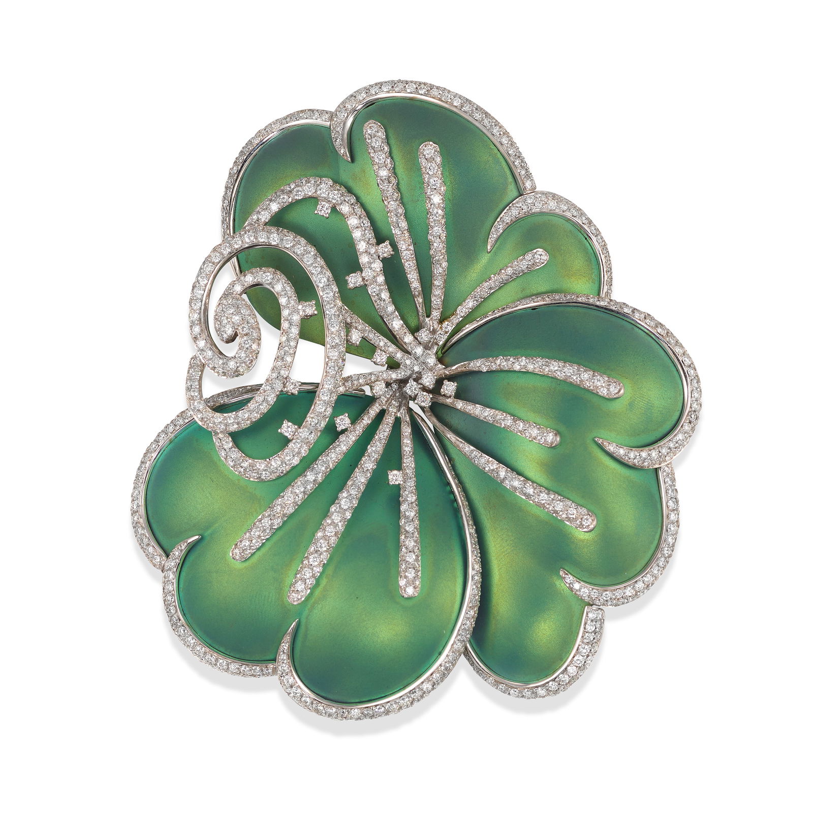 ATTRIBUTED TO ANDREOLI: AN 18K WHITE GOLD, TITANIUM AND DIAMOND CLIP BROOCH: ATTRIBUTED TO ANDREOLI: AN 18K WHITE GOLD, TITANIUM AND DIAMOND CLIP BROOCHDesigned as a flower, comprising petals of teal titanium, accented throughout with round brilliant-cut diamonds; unsigned; 