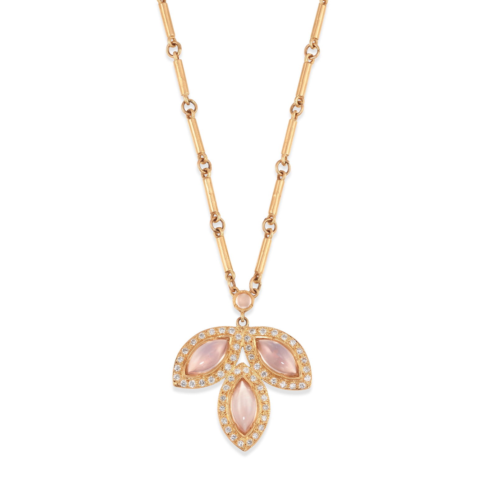 IRENE NEUWIRTH: AN 18K PINK GOLD, ROSE QUARTZ AND DIAMOND NECKLACE: IRENE NEUWIRTH: AN 18K PINK GOLD, ROSE QUARTZ AND DIAMOND NECKLACEComprising a trio of marquise-shaped cabochon rose quartz, in surrounds of round brilliant-cut diamonds, completed by a bar link