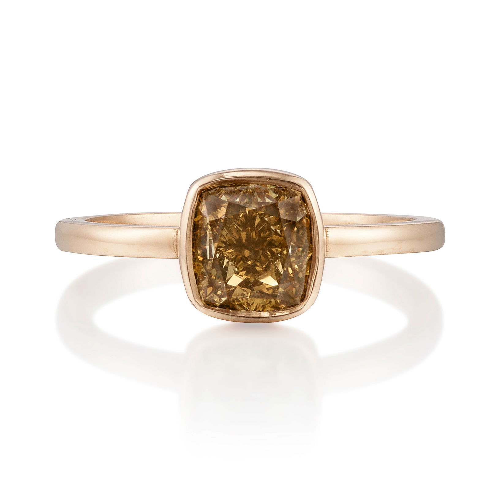 AN 18K PINK GOLD AND FANCY DEEP BROWNISH ORANGY YELLOW DIAMOND RING: AN 18K PINK GOLD AND FANCY DEEP BROWNISH ORANGY YELLOW DIAMOND RINGCentering a cushion-shaped, Fancy Deep Brownish Orangy Yellow diamond, weighing 2.00 carats; size 7 1/4 in.Footnotes:Accompanied by