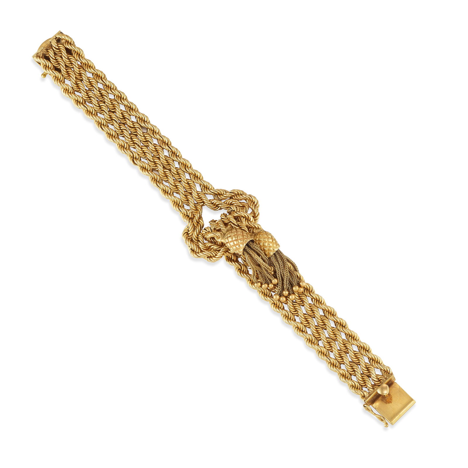 A 14K GOLD BRACELET, CIRCA 1950: A 14K GOLD BRACELET, CIRCA 1950 A strap bracelet comprising multiple rope chains, looped at the center and suspending foxtail chain tassels; length 7 1/4 in.; width 1 1/4 in. Footnotes: OVERALL CONDI