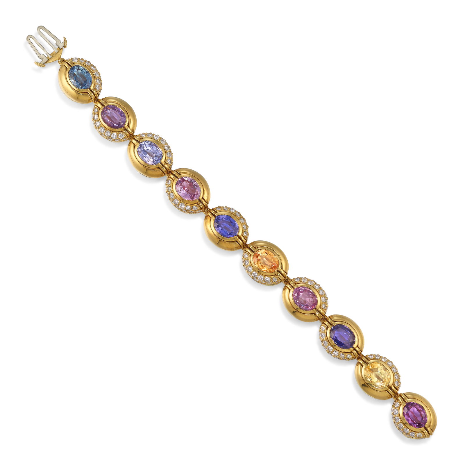 BULGARI: AN 18K GOLD, SAPPHIRE AND DIAMOND BRACELET: BULGARI: AN 18K GOLD, SAPPHIRE AND DIAMOND BRACELET Comprising oval-shaped sapphires, with round brilliant-cut diamond accents; signed Bulgari; with serial number; estimated total sapphire weight 21.0