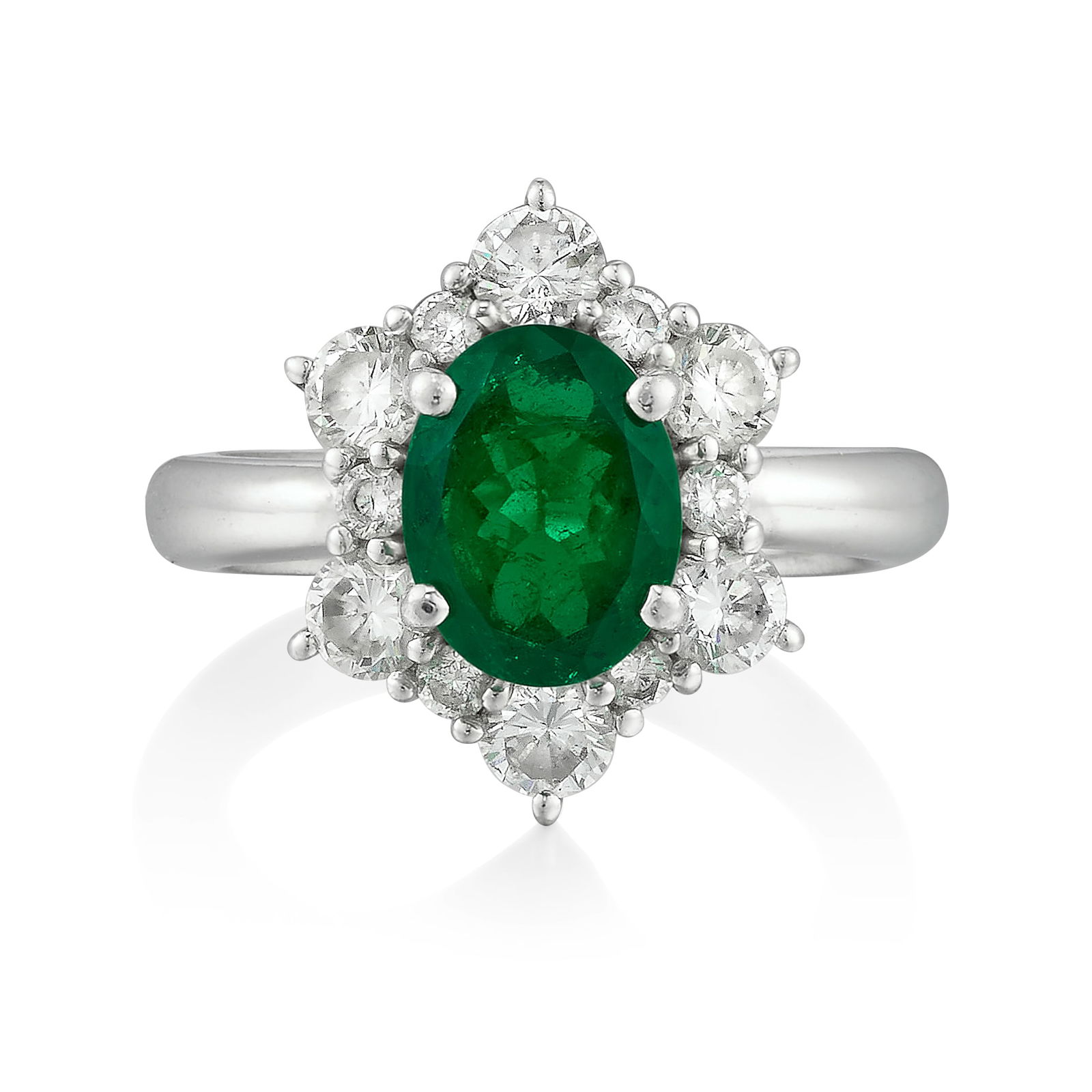 A PLATINUM, EMERALD AND DIAMOND RING: A PLATINUM, EMERALD AND DIAMOND RING Centering an oval-shaped emerald, in a surround of round brilliant-cut diamonds; estimated emerald weight 1.65 carats; estimated total diamond weight 1.20 carats;