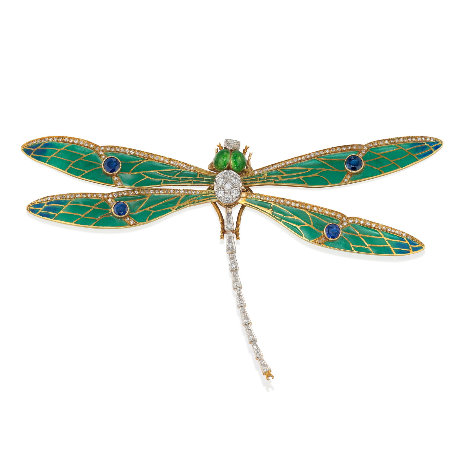 AN 18K BICOLOR GOLD, ENAMEL, DIAMOND AND SAPPHIRE BROOCH, CIRCA 1900 (1 of 1)