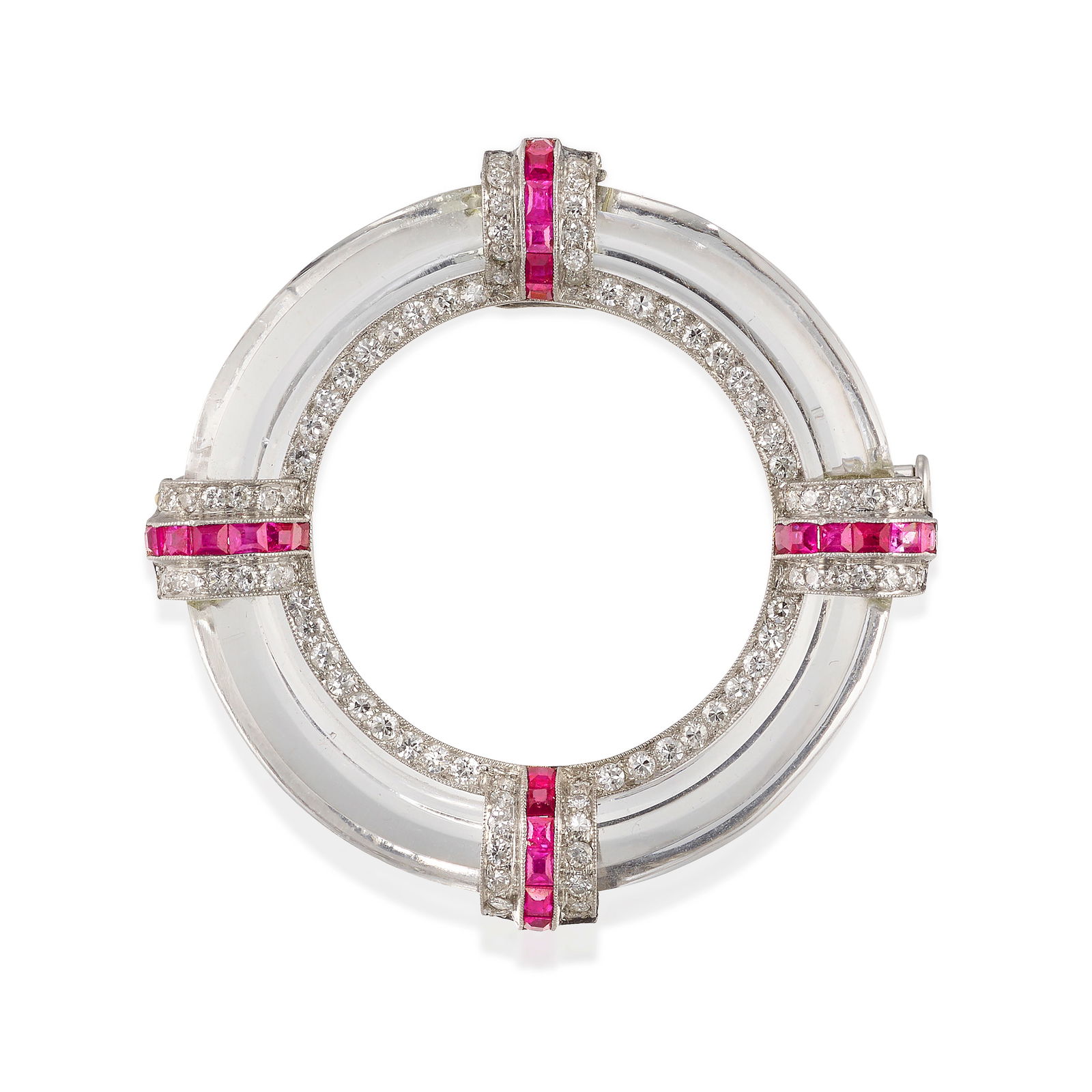 A ROCK CRYSTAL, DIAMOND AND RUBY BROOCH, CIRCA 1920: A ROCK CRYSTAL, DIAMOND AND RUBY BROOCH, CIRCA 1920Comprising a circular carved rock crystal frame, braced and accented by square step-cut rubies and transitional-cut diamonds; with partial serial