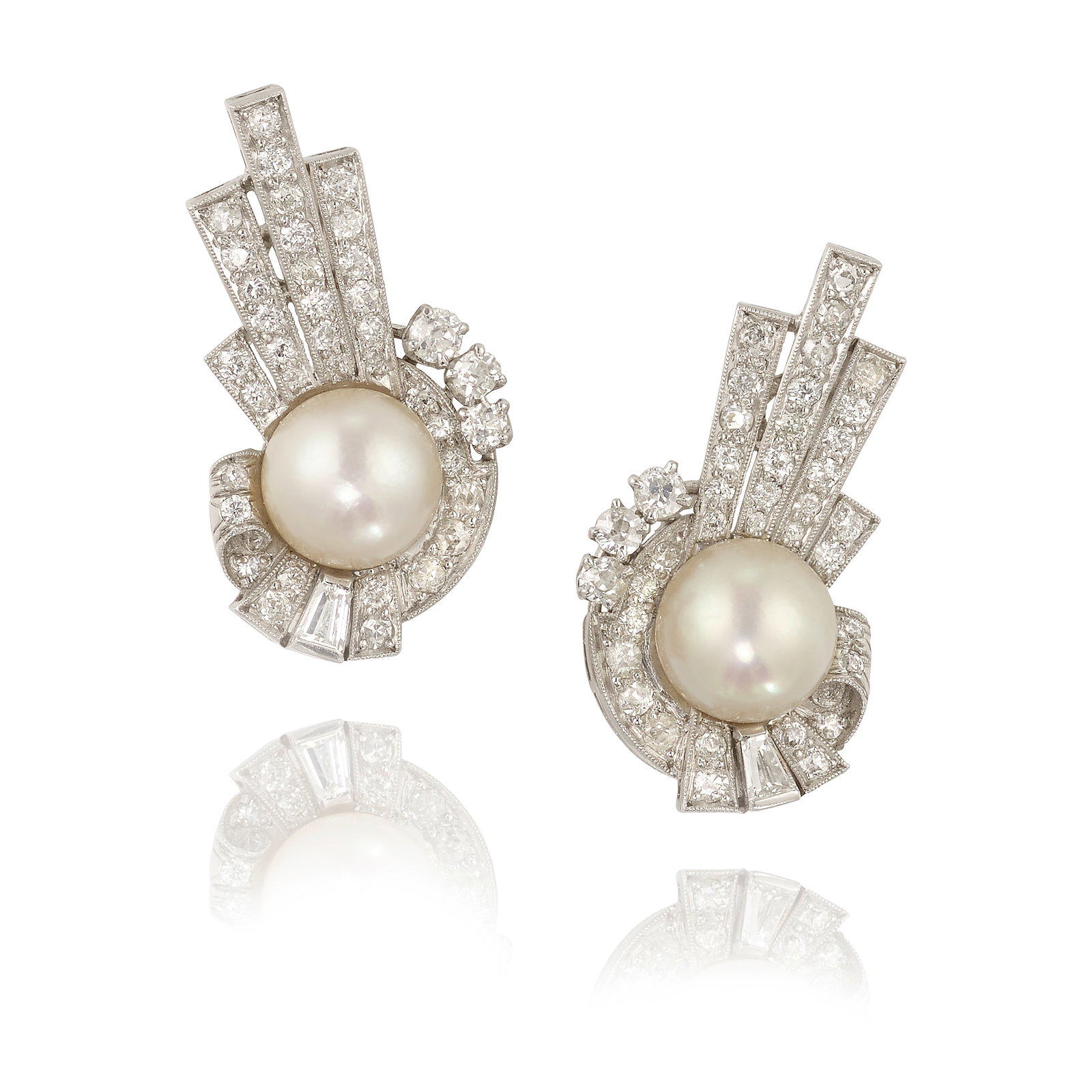 RAYMOND YARD: A PAIR OF CULTURED PEARL AND DIAMOND EARCLIPS, CIRCA 1930: RAYMOND YARD: A PAIR OF CULTURED PEARL AND DIAMOND EARCLIPS, CIRCA 1930Each centering a round cultured pearl, accented by old European and old mine-cut and tapered-baguette diamonds; signed Yard;