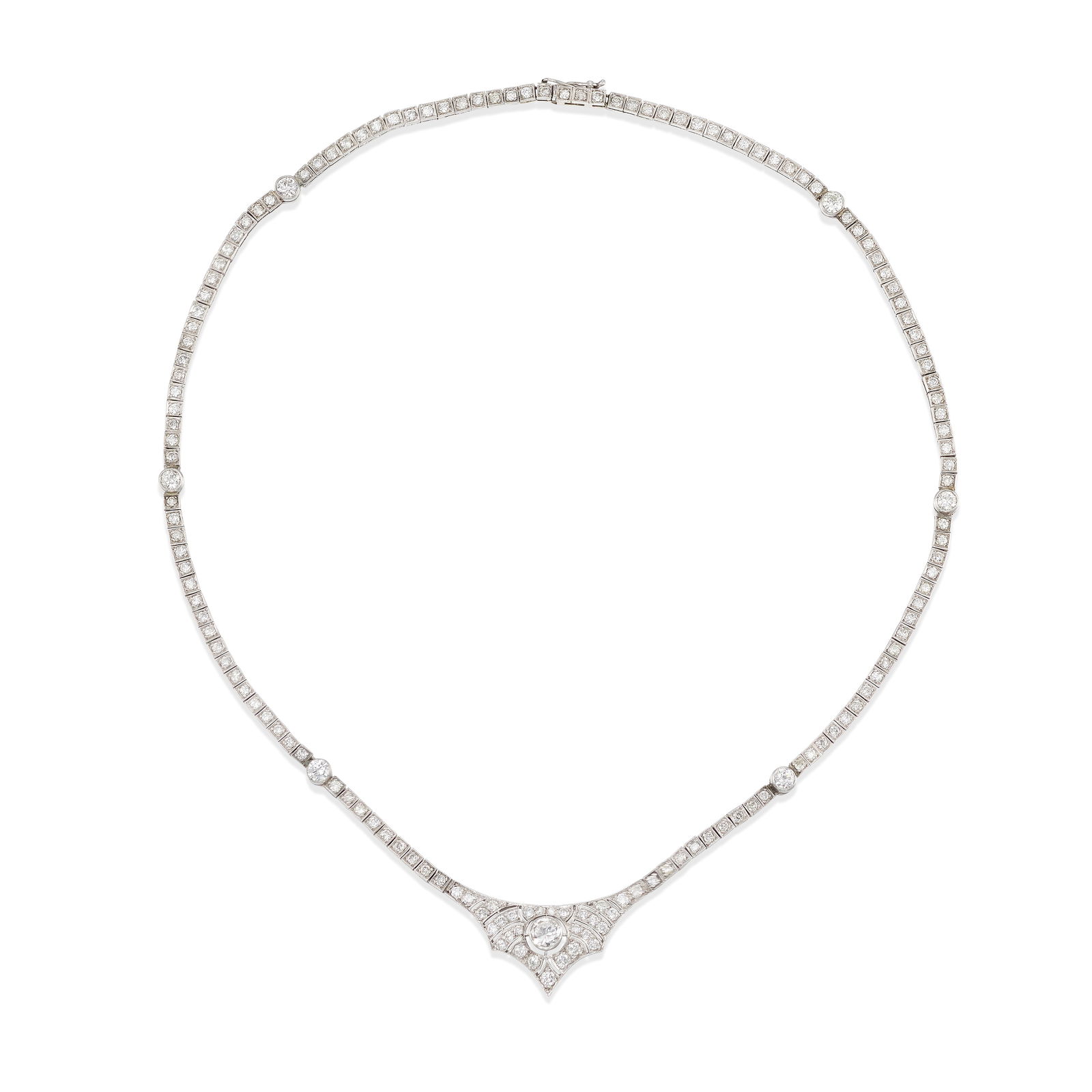 A DIAMOND NECKLACE, CIRCA 1920: A DIAMOND NECKLACE, CIRCA 1920Set throughout with round, transitional and old European-cut diamonds; estimated total diamond weight 5.70 carats; mounted in platinum; length 16 in.Footnotes:OVERALL