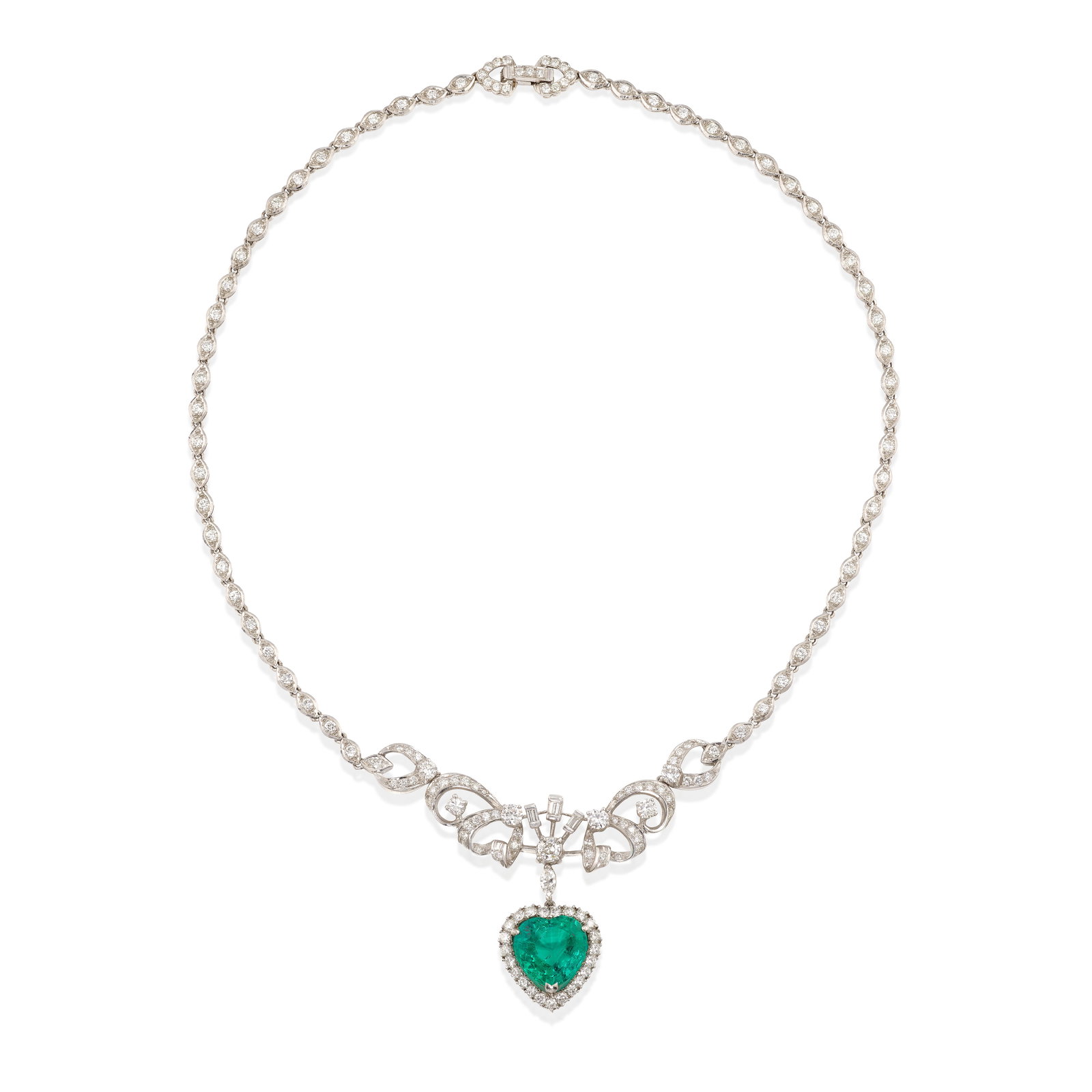 A PLATINUM, EMERALD AND DIAMOND NECKLACE: A PLATINUM, EMERALD AND DIAMOND NECKLACECentering a heart-shaped emerald, suspended from a scroll motif, set throughout with marquise-shaped, round brilliant and baguette-cut diamonds; estimated
