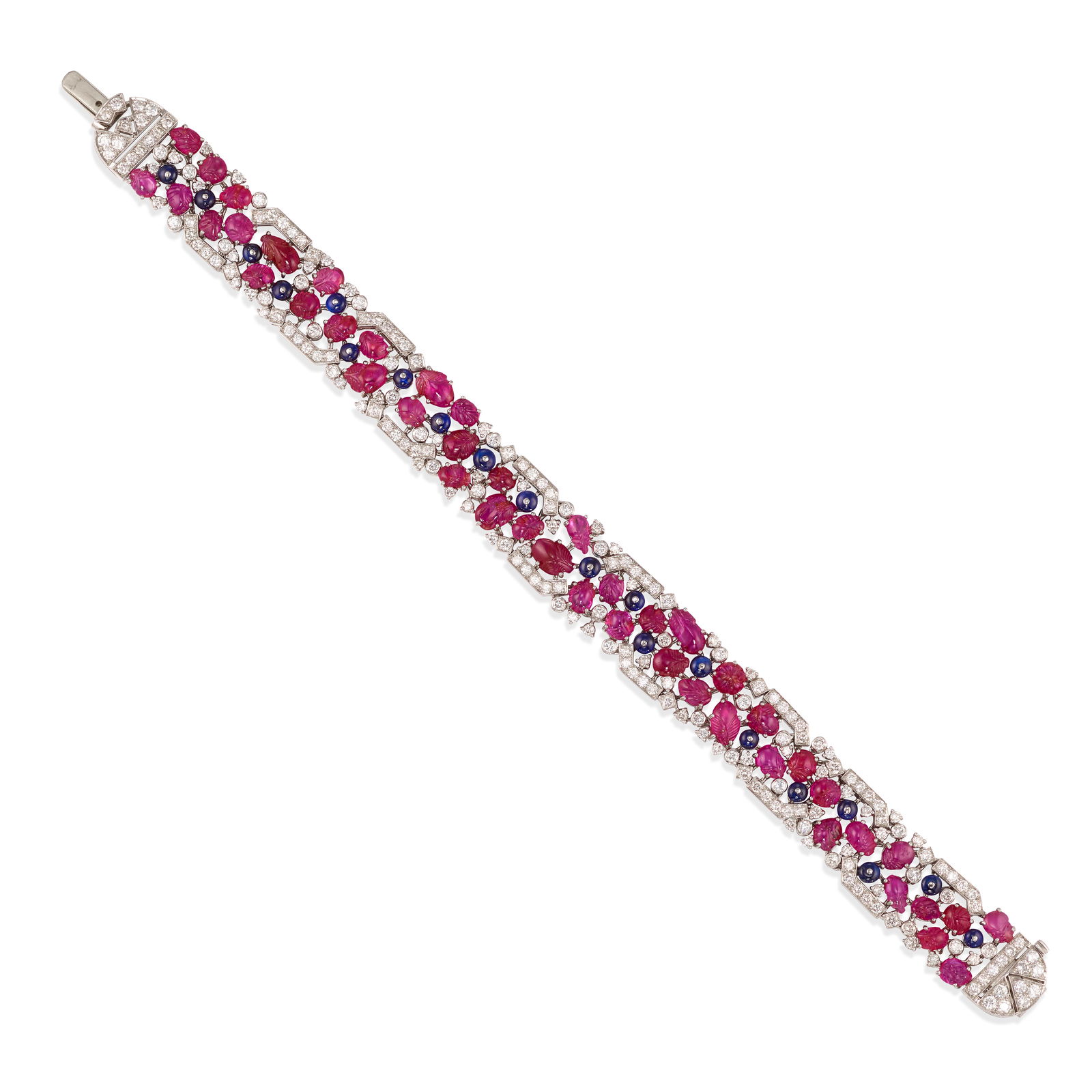 A RUBY, SAPPHIRE AND DIAMOND BRACELET, CIRCA 1930: A RUBY, SAPPHIRE AND DIAMOND BRACELET, CIRCA 1930Composed of alternating carved oval-shaped cabochon rubies and round sapphire beads, accented throughout with transitional-cut diamonds; estimated