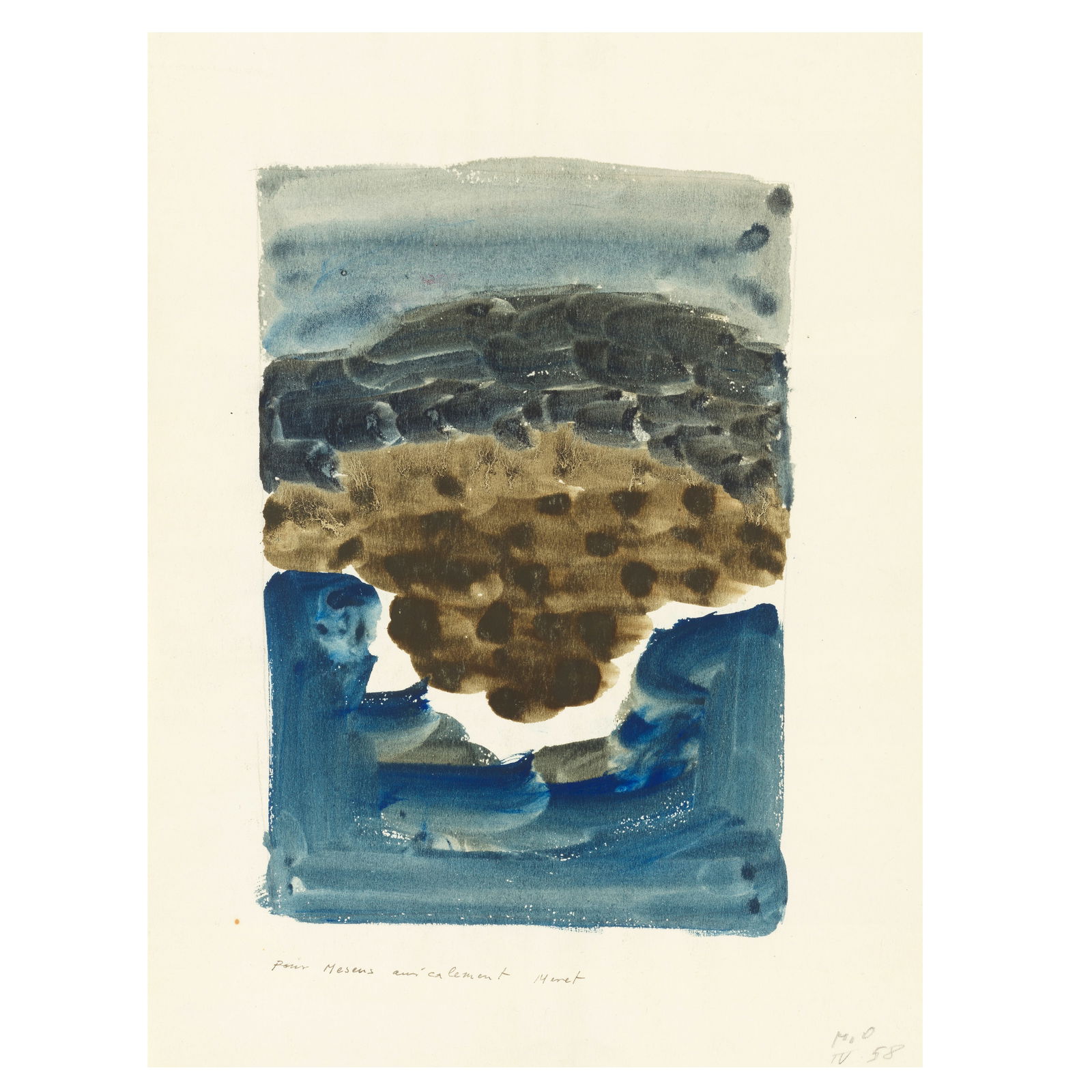 MÉRET OPPENHEIM (1913-1985) Composition abstrait (pour Mesens) (image size) (Executed in Ap...: MÉRET OPPENHEIM (1913-1985) Composition abstraite (pour Mesens) signed with the artist's initials and dated 'M.O IV. 58' (lower right), inscribed 'pour Mesens amicalement Méret' (lower left)