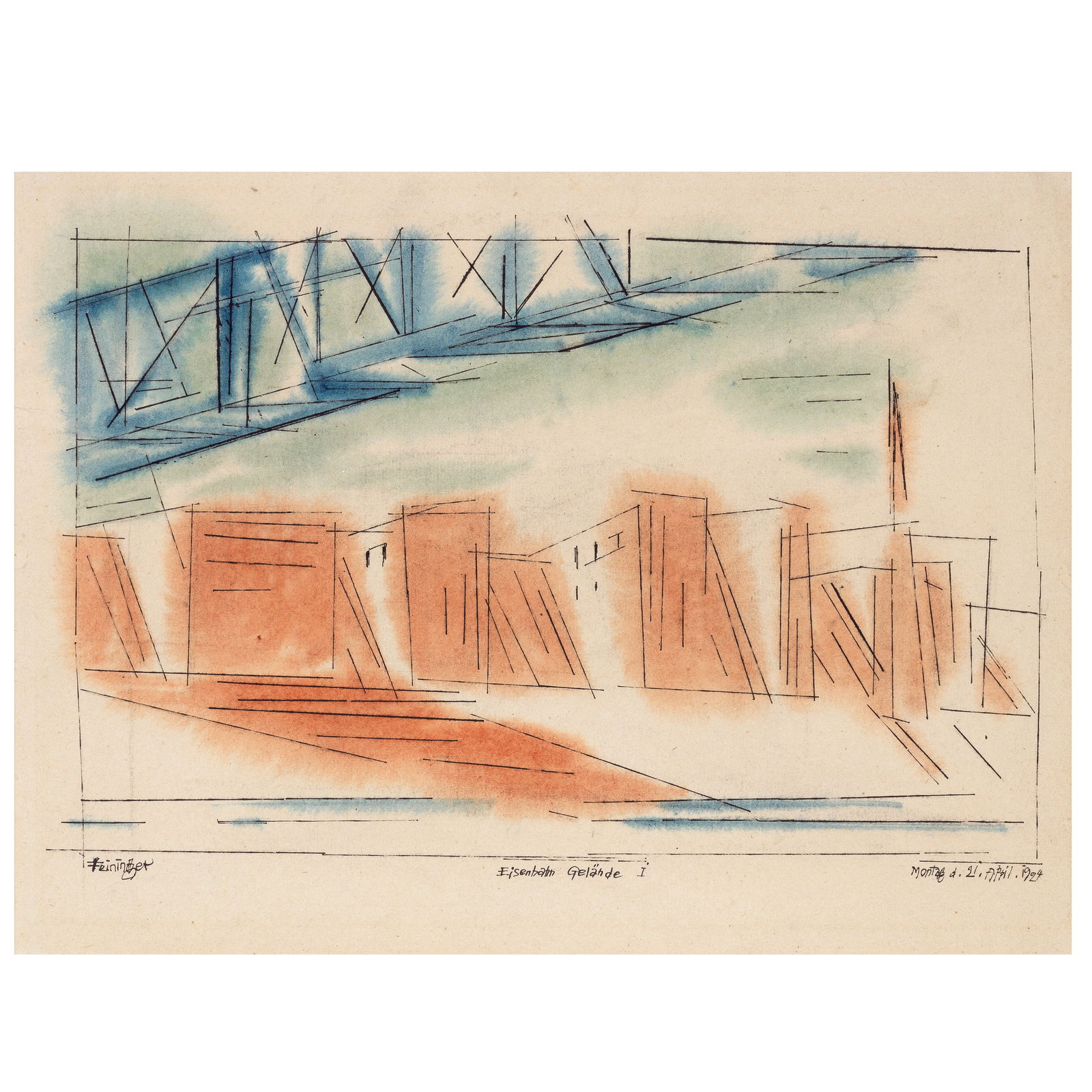 LYONEL FEININGER (1871-1956) Eisenbahn Gelände I (Executed on 21 April 1924): LYONEL FEININGER (1871-1956) Eisenbahn Gelände I signed 'Feininger' (lower left), inscribed 'Eisenbahn Gelände I' (lower centre) and dated 'Montag d. 21. April. 1924' (lower right) watercolo
