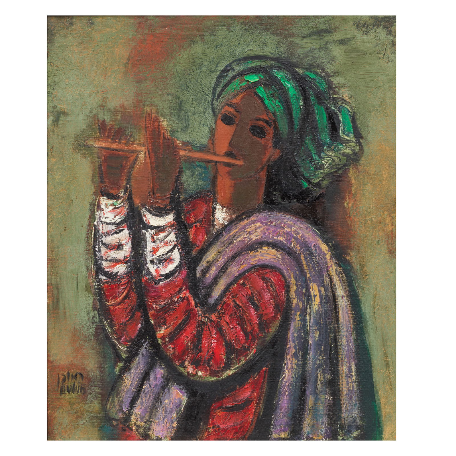REUVEN RUBIN (1893-1974) The flute player (Painted in 1961): REUVEN RUBIN (1893-1974) The flute player signed 'Rubin' and further inscribed in Hebrew (lower left) oil on canvas 46.2 x 38cm (18 3/16 x 14 15/16in). Painted in 1961 Footnotes: