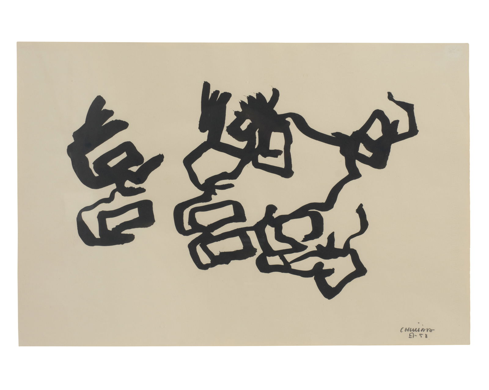 EDUARDO CHILLIDA (1924-2002) Untitled (Executed in 1958): EDUARDO CHILLIDA (1924-2002) Untitled signed, inscribed with the artist's monogram and dated 'Chillida 58' (lower right) ink on paper 30.6 x 45.6cm (12 1/8 x 18in). Executed in 1958 Footn