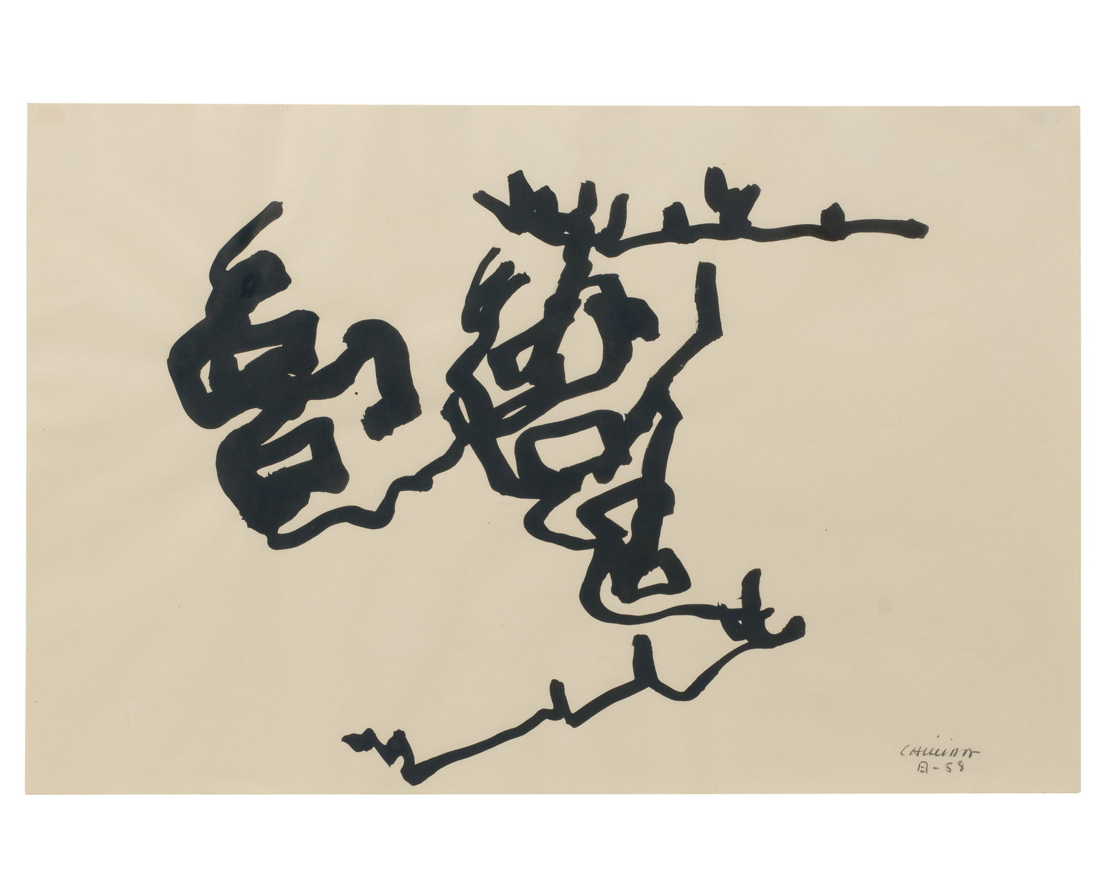 EDUARDO CHILLIDA (1924-2002) Untitled (Executed in 1958): EDUARDO CHILLIDA (1924-2002) Untitled signed, inscribed with the artist's monogram and dated 'Chillida 58' (lower right) ink on paper 30.7 x 47cm (12 1/8 x 18 1/2in). Executed in 1958 Foo