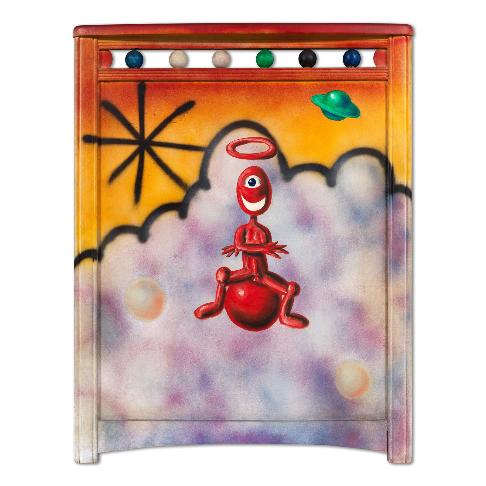 KENNY SCHARF (B. 1958) Boy (Painted in 1983): KENNY SCHARF (B. 1958) Boy signed, titled and dated 'Kenny Scharf Boy 83' (on the reverse) oil and spray paint on found wooden bed frame 104 x 80cm (40 7/8 x 31 1/2in). Painted in 1983 Fo