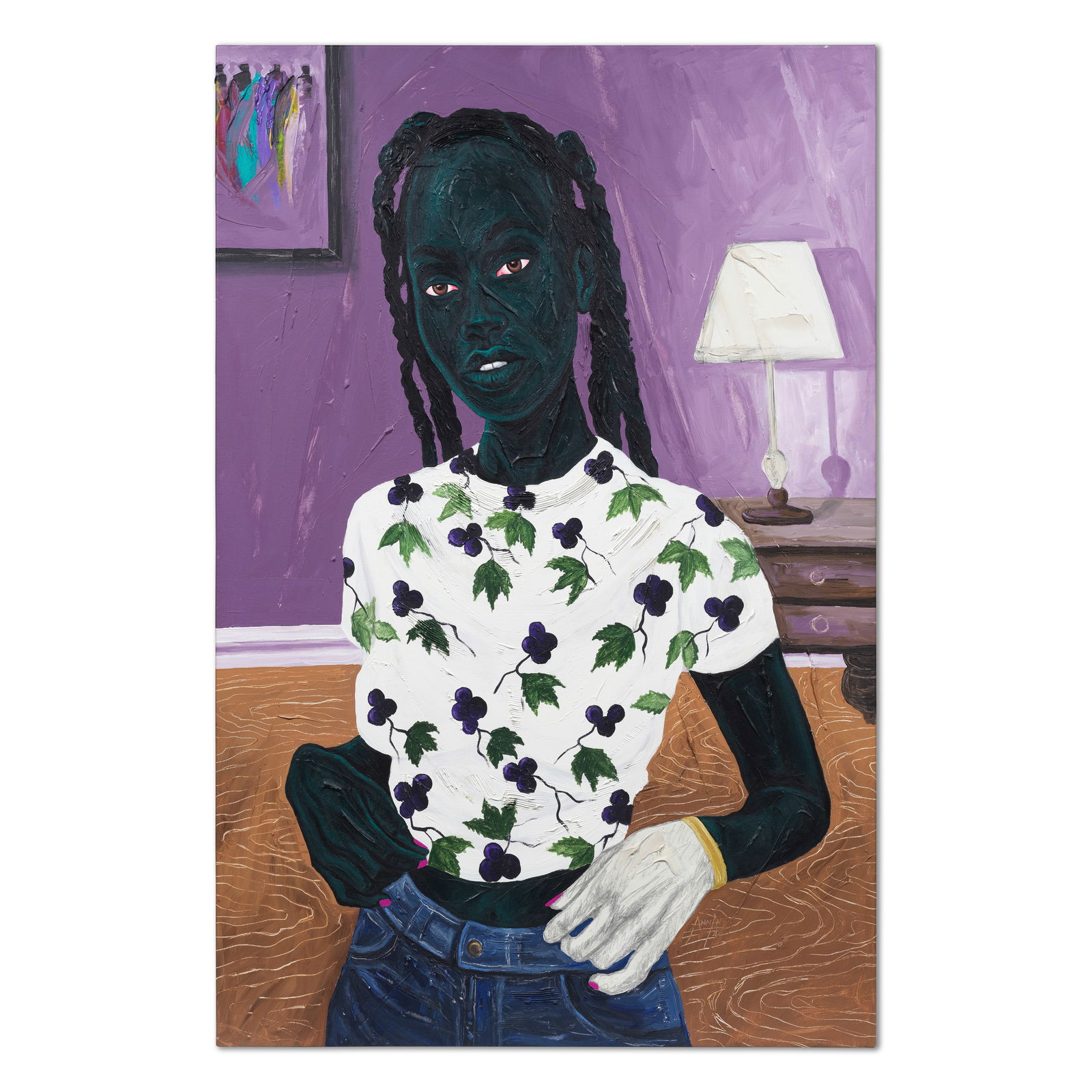 ANNAN AFFOTEY (B. 1985) Grapes Shirt (Painted in 2021): ANNAN AFFOTEY (B. 1985) Grapes Shirt signed and dated 'Annan 21' (lower right); signed, titled and dated 'Annan Affotey Grapes Shirt 2021' (on the reverse) acrylic and charcoal on canvas 150 x 99cm (5